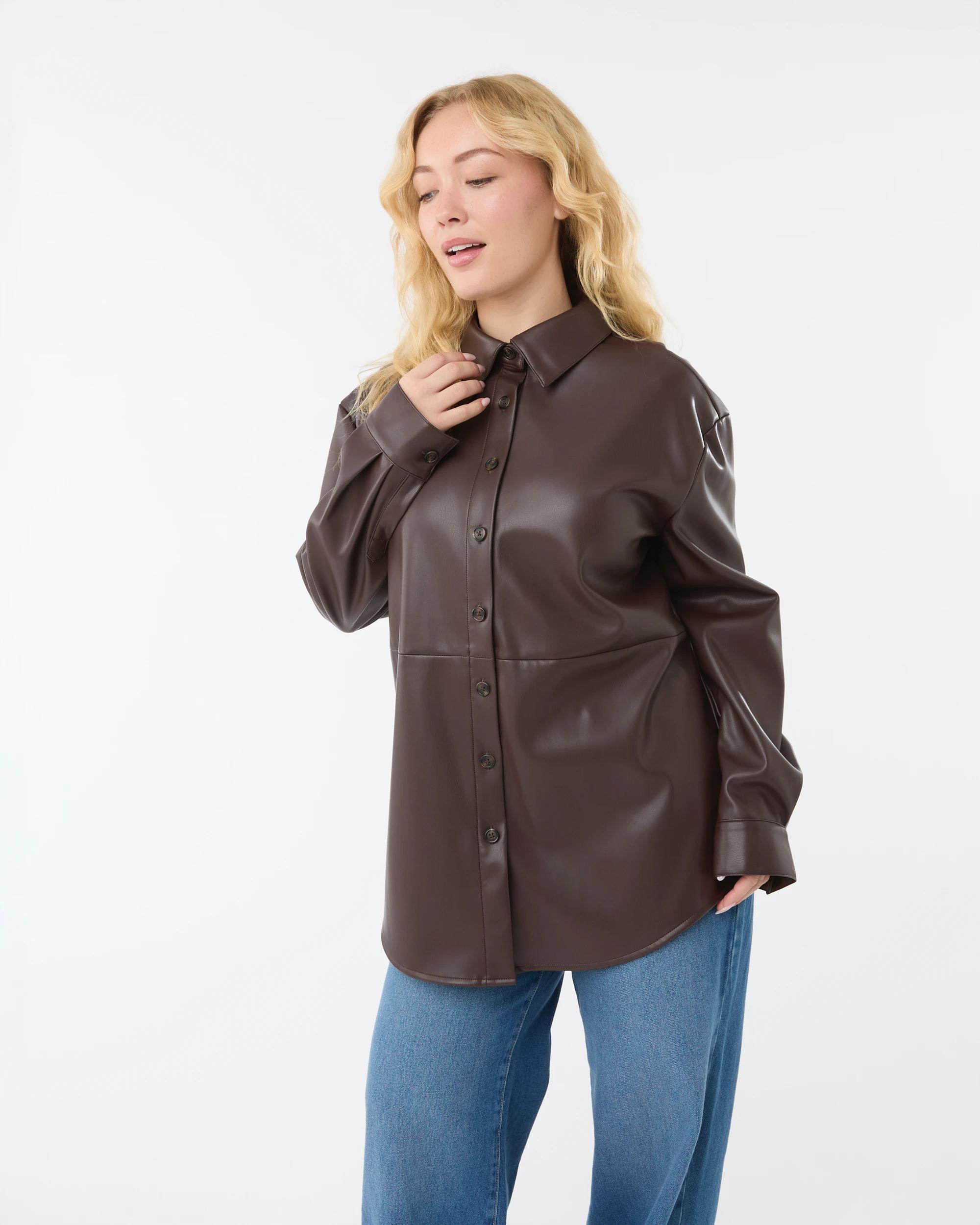 3 Long Sleeve Faux Leather Shirt Choc Plum, 3 of 8