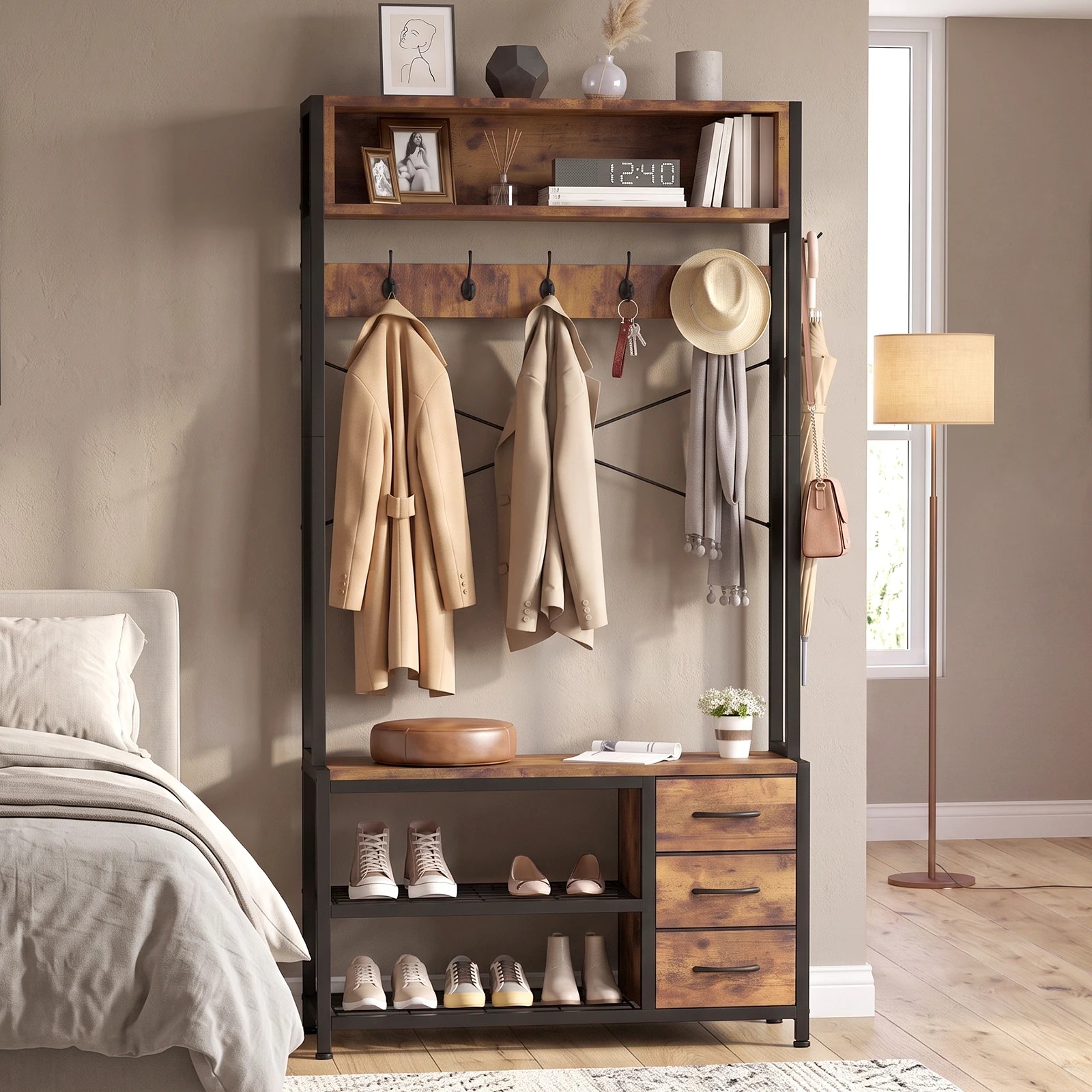 2 Advwin Entryway Coat Rack with Storage Bench 2-Tier Shoe Rack - Brown, 2 of 9