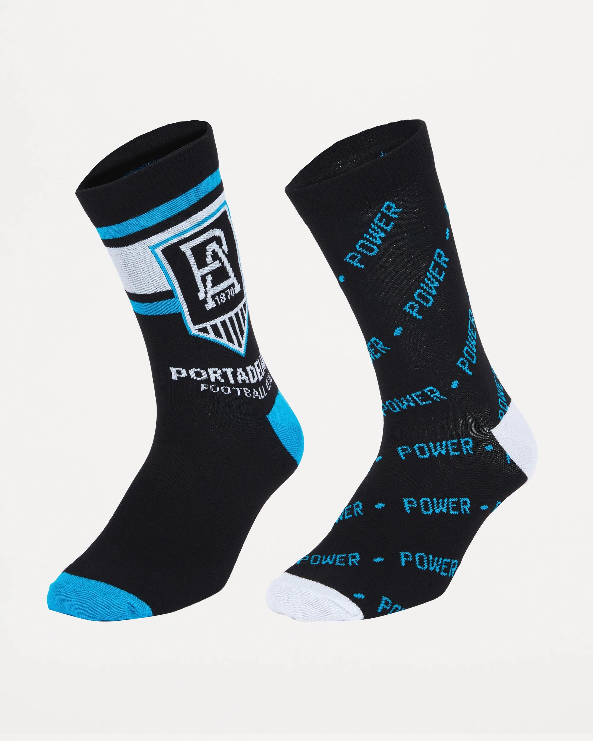 1 2 Pack Official AFL Adult Sock Set BLACK PORT ADEL, 1 of 3