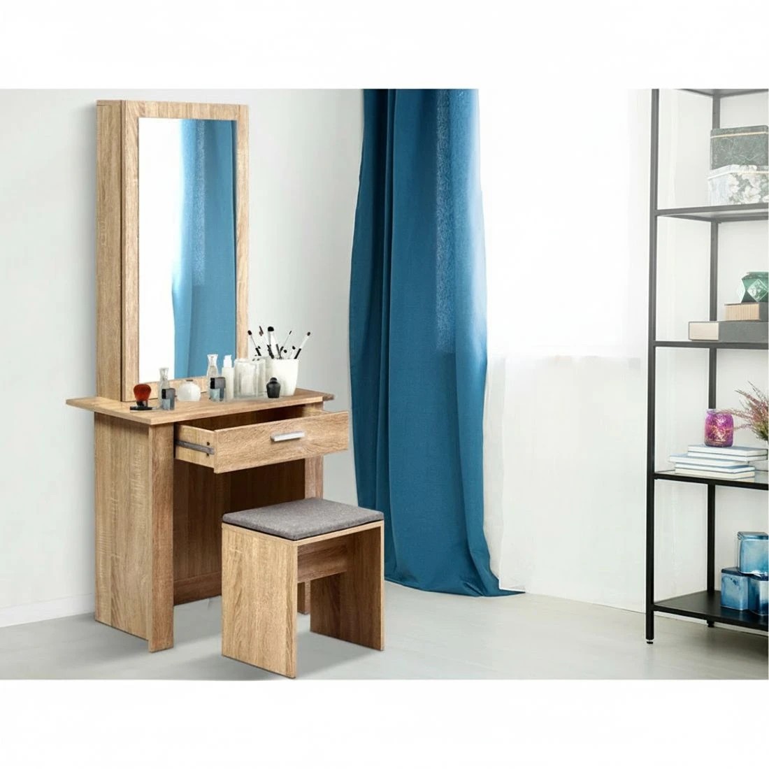 5 Artiss Dressing Table Stool Set Sliding Mirror Oak Demi - Natural, 5 of 5