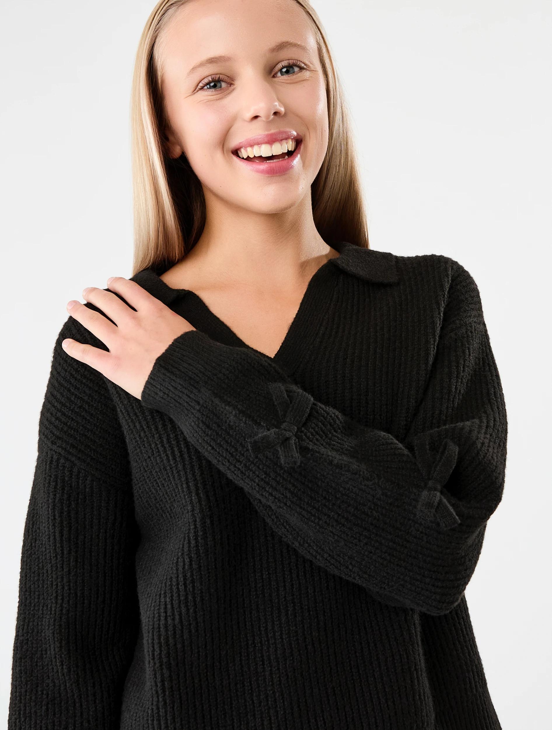 3 Bow Sleeve Rugby Knit Top Black, 3 of 7