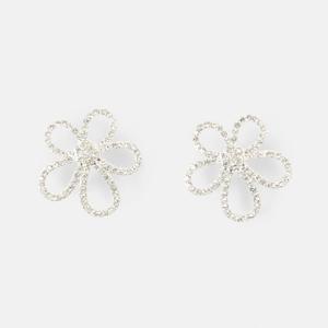 Diamante Flower Stud Earrings - Silver Tone