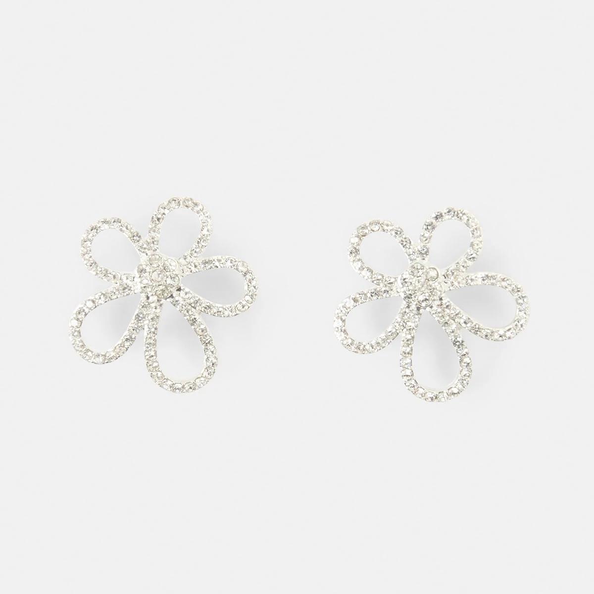1 Diamante Flower Stud Earrings - Silver Tone Silver, 1 of 5
