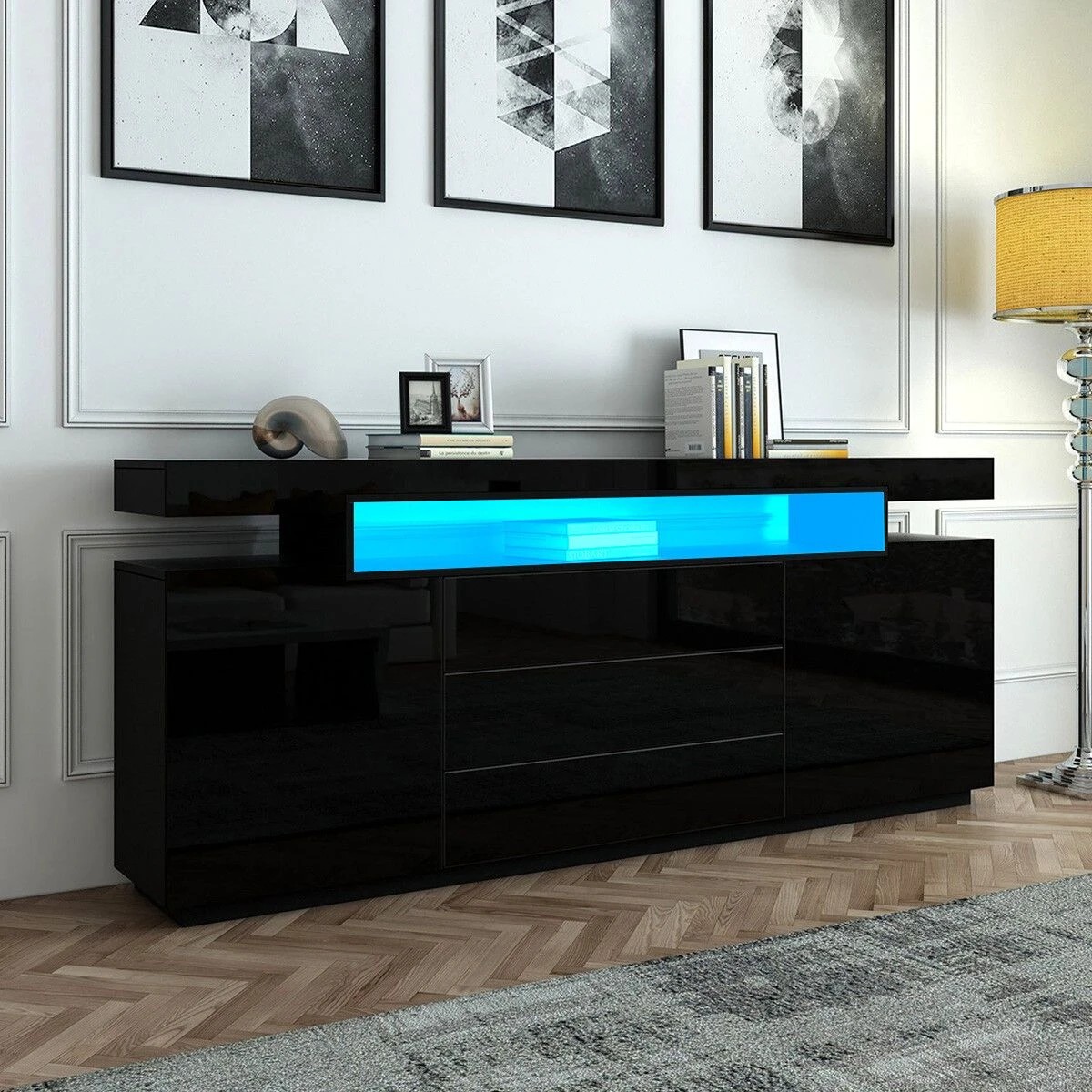 3 Ausway LED Sideboard TV Stand Cabinet Entertainment Unit Buffet Table High Gloss 3 Drawers, 3 of 7