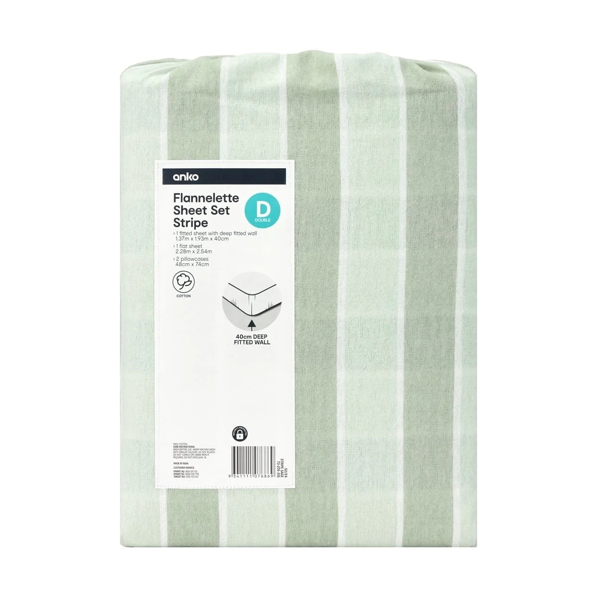 7 Stripe Flannelette Cotton Sheet Set - Double Bed, Sage, 7 of 7