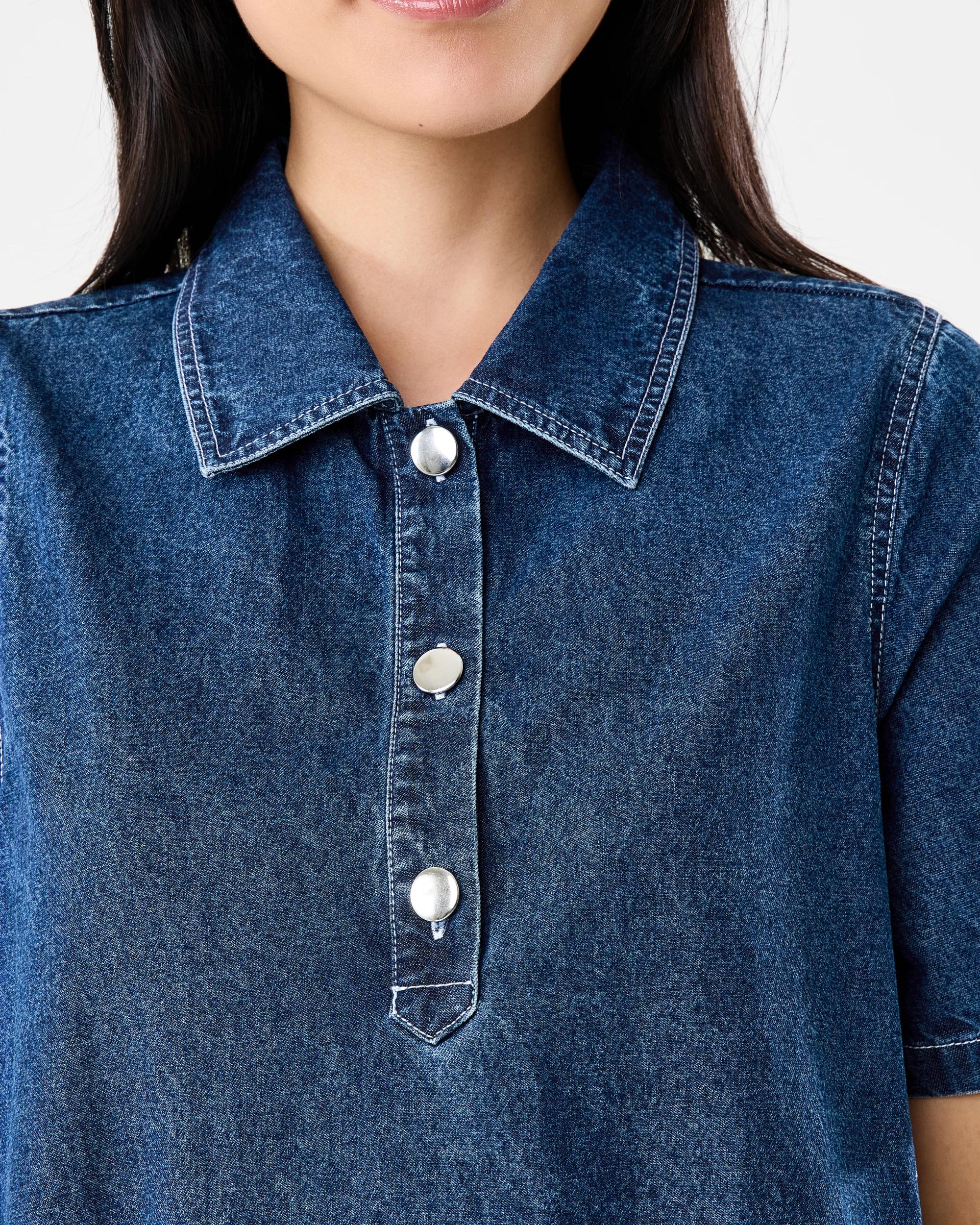 5 Short Sleeve Embroidered Denim Shirt Mini Dress Dark Wash, 5 of 8