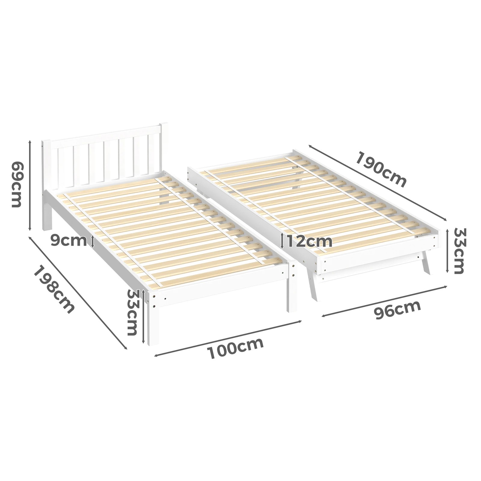 8 Alfordson Bed Frame 2x Single Size Trundle Wooden Mattress Base Timber - White, 8 of 10