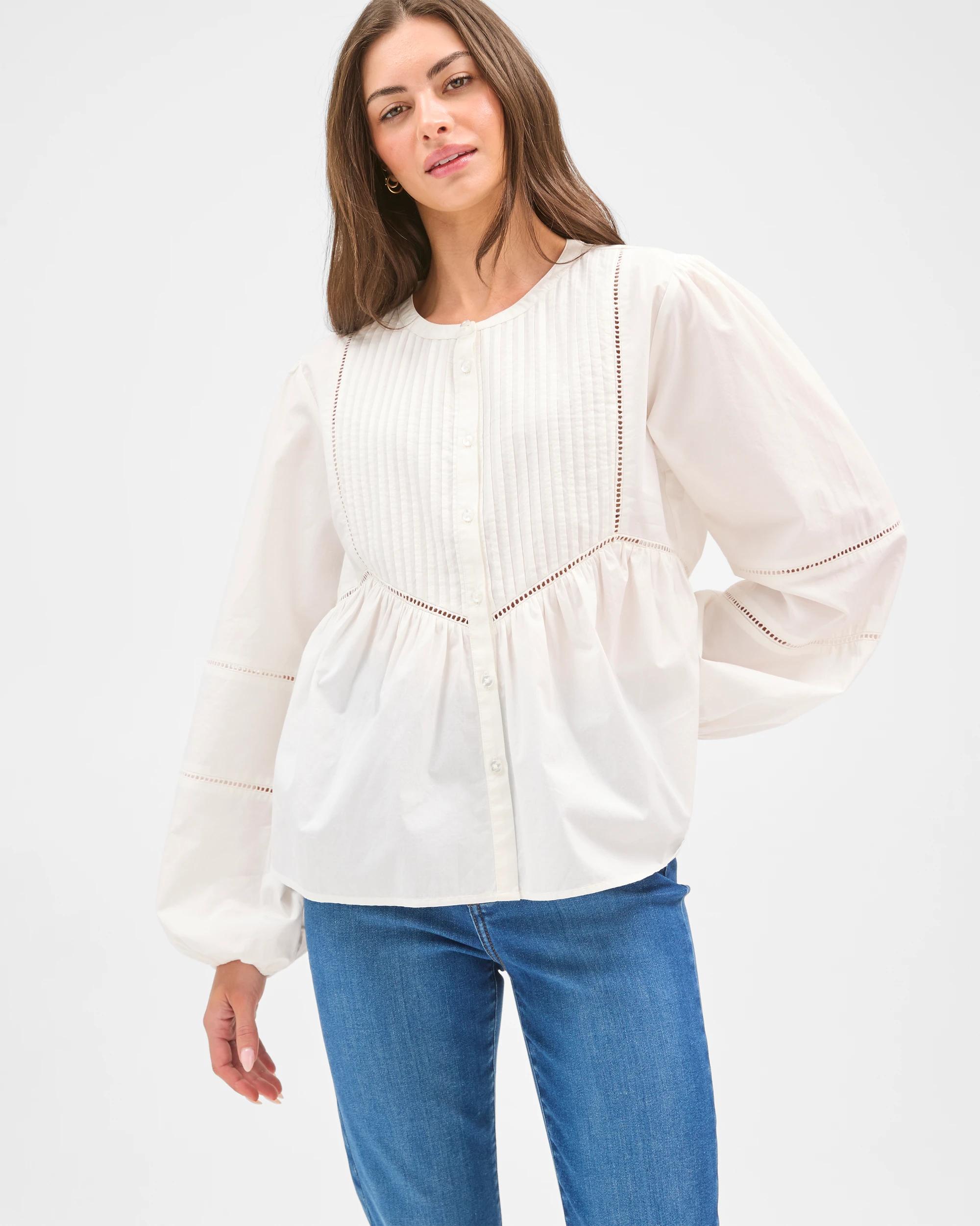 3 Target Petites Long Sleeve Trim Detail Pintuck Blouse PALE OAT, 3 of 6
