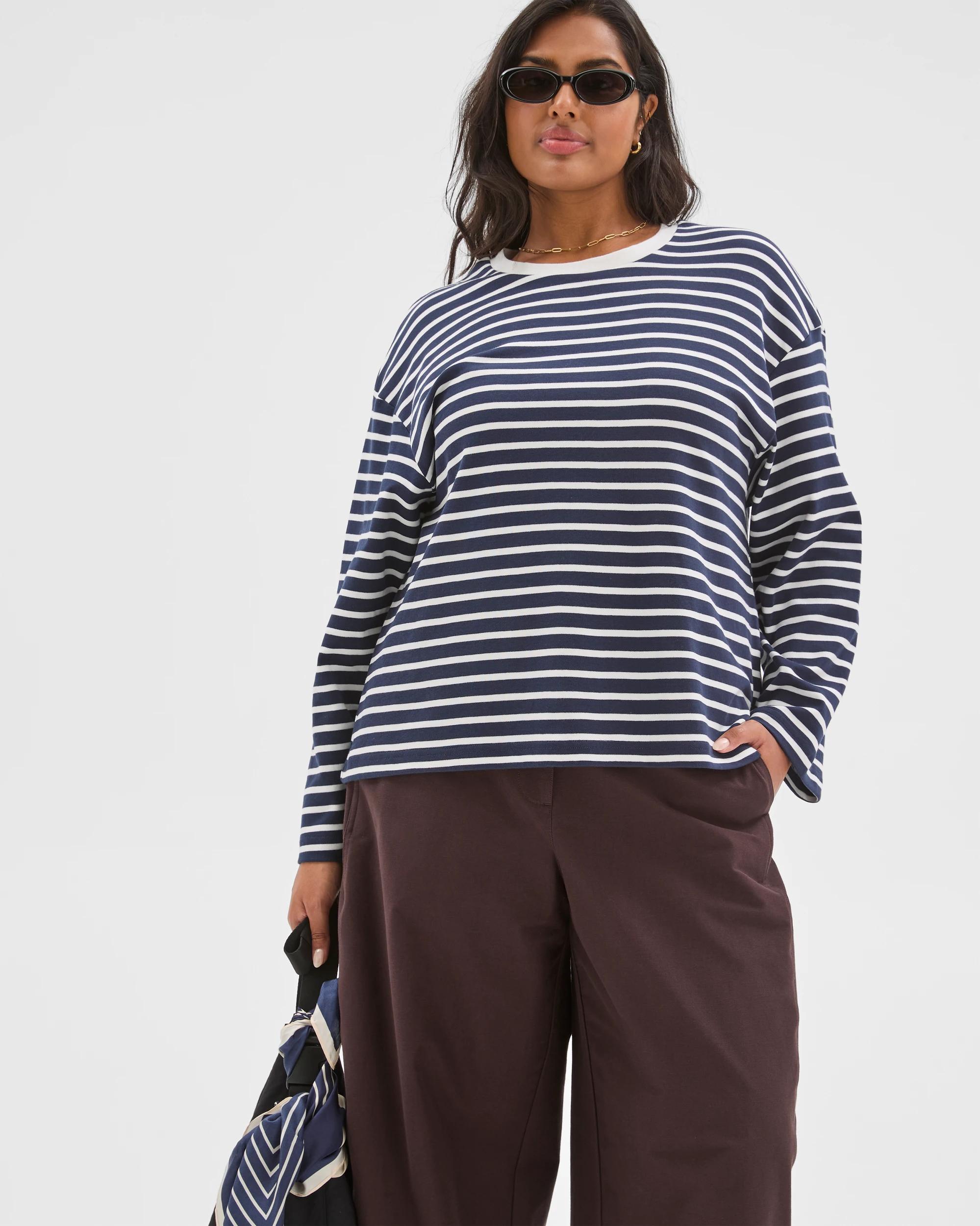 1 Target Curve Plus Size Australian Cotton Long Sleeve Stripe Top NAVY + WHITE, 1 of 7