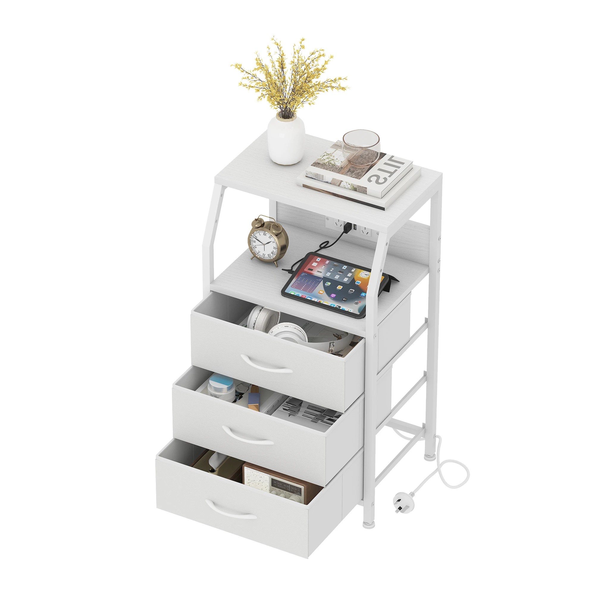 4 Advwin Set of 2 Bedside Table with Charging Station 3 Fabric Drawers Nightstand - White, 4 of 10