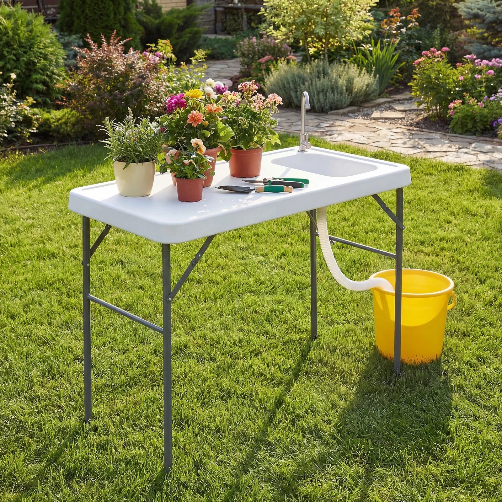 2 Costway 114cm Folding Camping Table Fish Cleaning Table w/Sink Outdoor Picnic Table - White, 2 of 4