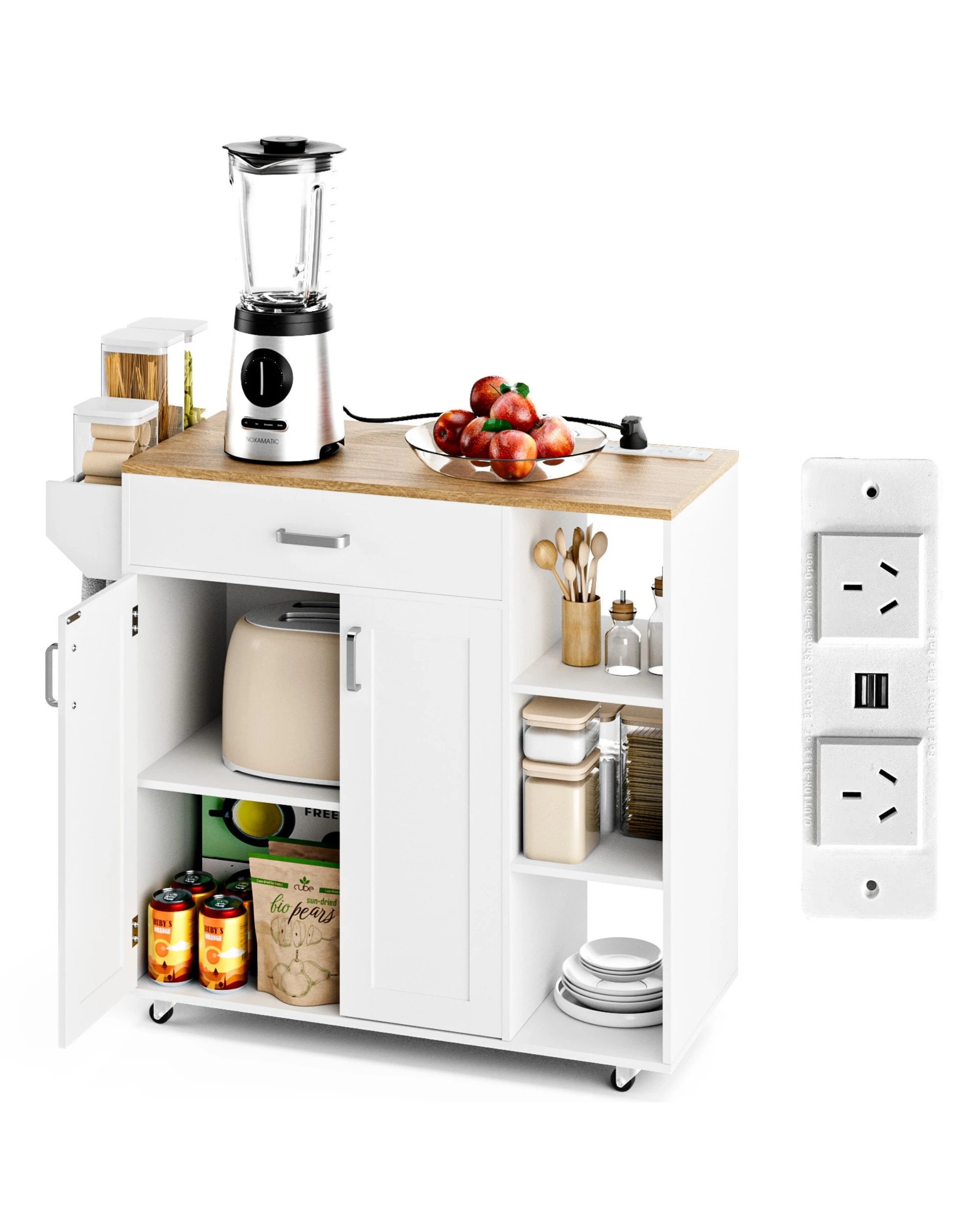 6 Advwin Kitchen Island Cart Rolling Trolley Cabinet on Wheels with Charging Station Adjustable Shelves Spice Rack - White, 6 of 8