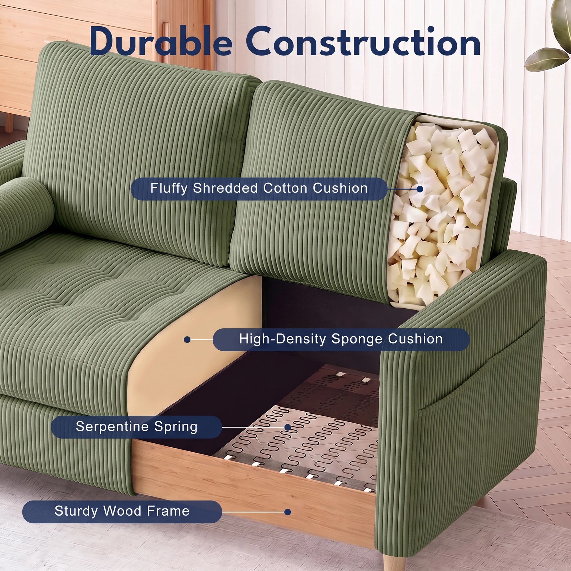 7 Advwin 121CM 2 Seater Loveseat Sofa Compact Corduroy Couch with Tufted Seat Cushion and Side Storage Pockets - Green, 7 of 8