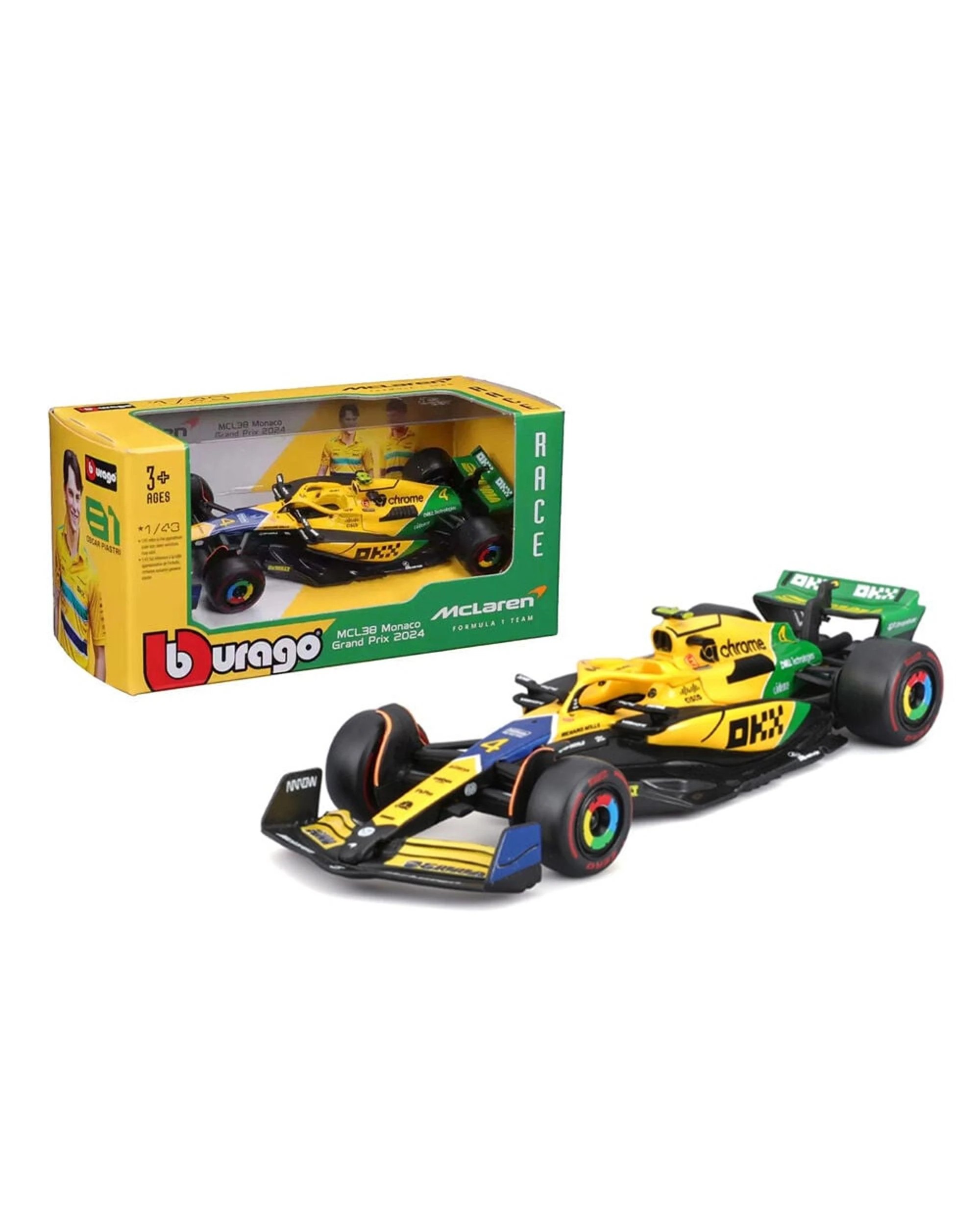 1 Bburago Formula Racing F1 McLaren Monaco GP 2024 Lando Norris MCL38 Senna Livery #4 1:43 Scale Diecast Vehicle, 1 of 1