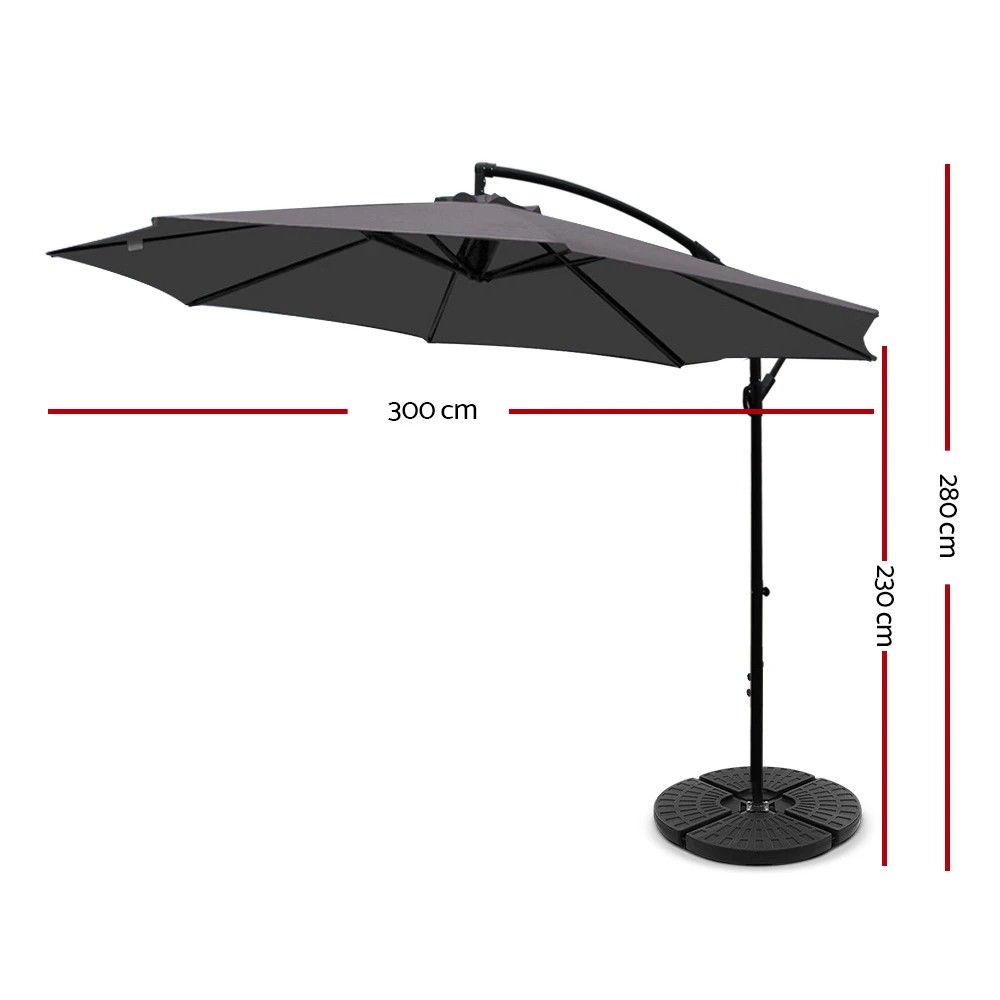 2 Instahut 3m Outdoor Umbrella w/Base Cantilever Beach Garden Patio - Black, 2 of 6
