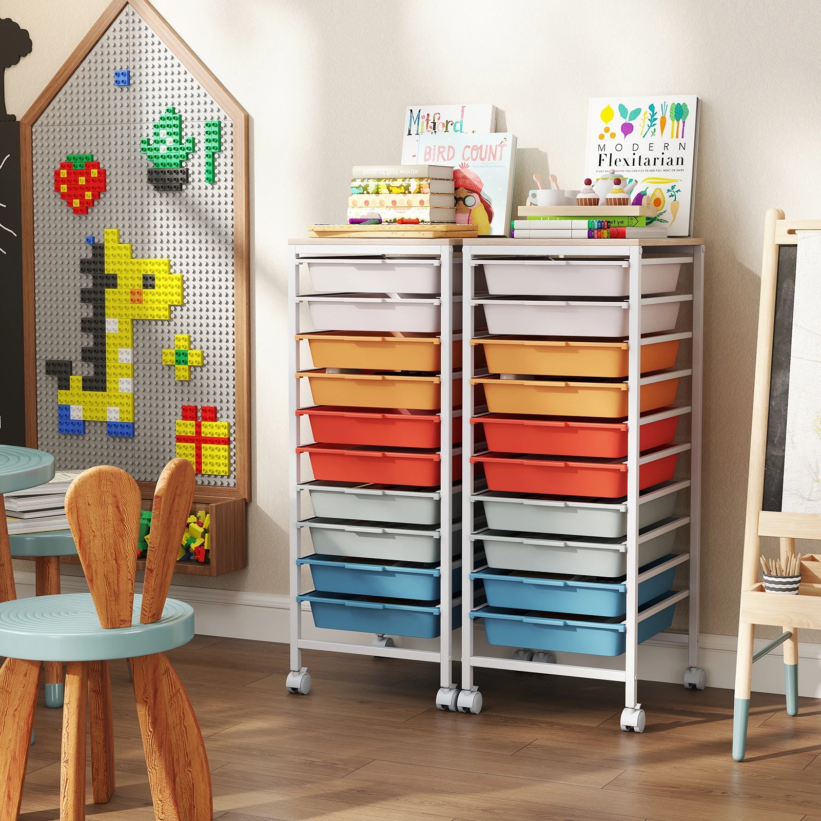 5 Costway 10-Drawer Rolling Storage Cart Mobile Utility Organizer w/Wooden Tabletop - Multi, 5 of 6