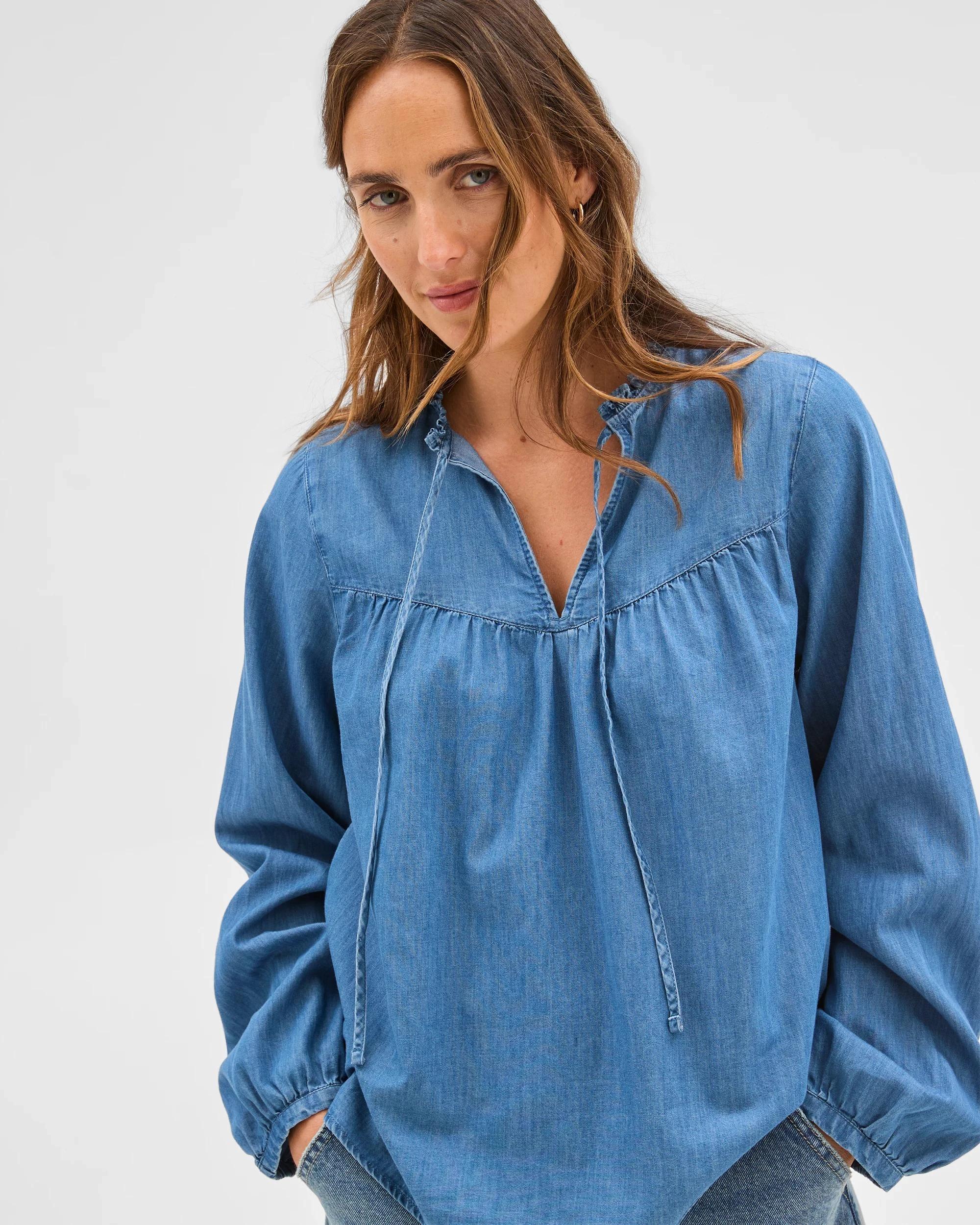4 Target Woman Long Sleeve Chambray Frill Blouse MID CHAMBRAY, 4 of 7
