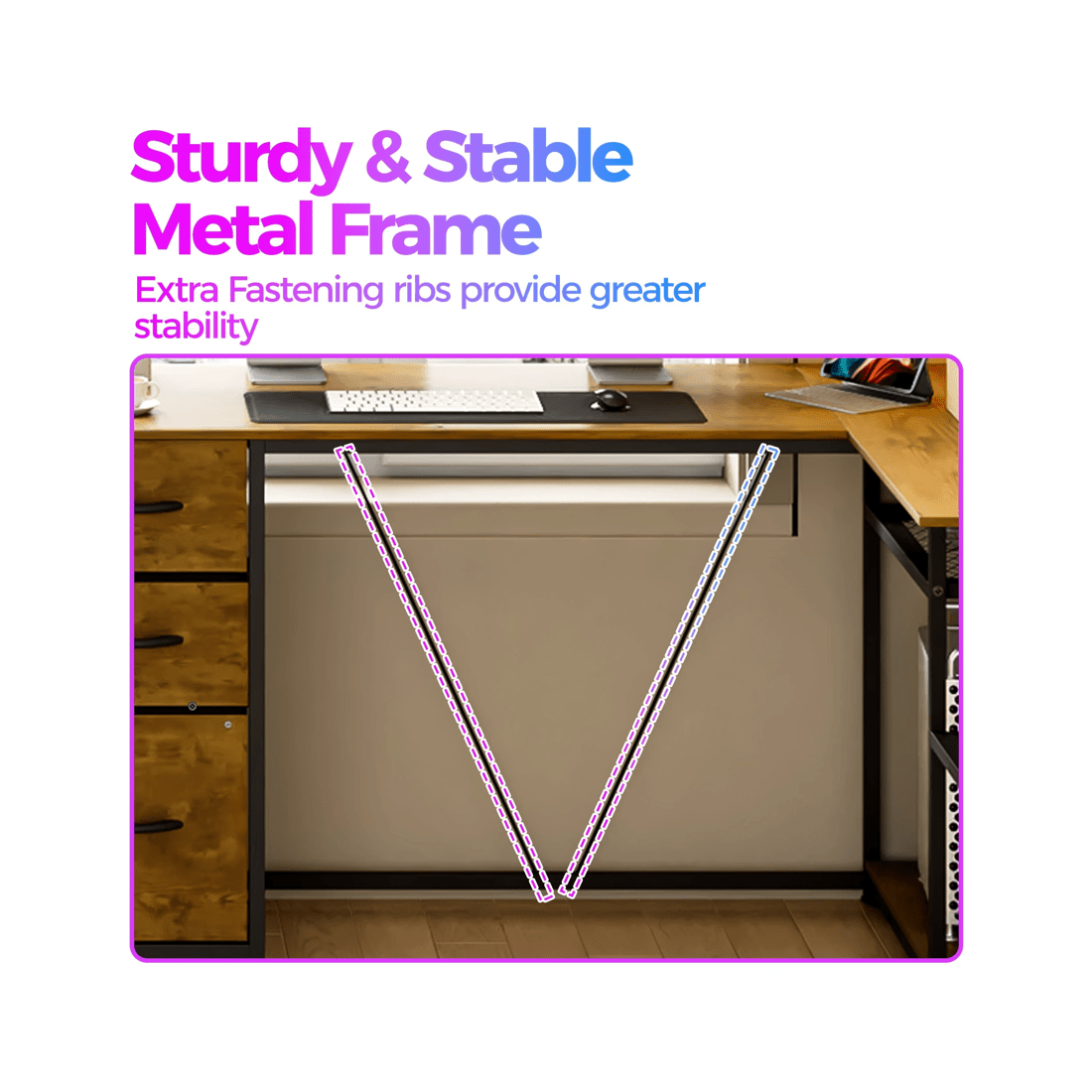 7 Advwin L Shaped Gaming Desk With Led Lights Reversible 148cm Computer Desk With 3 Drawers And Bookshelf Walnut, 7 of 9