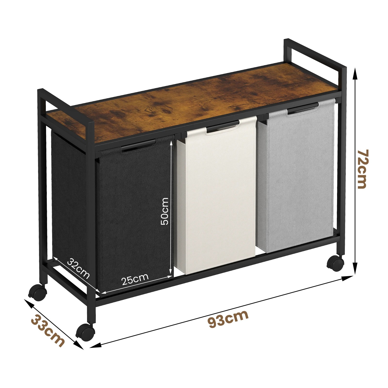3 Advwin 3 x 40L Laundry Sorting Hamper with Wheels Storage Shelf - Brown, 3 of 8