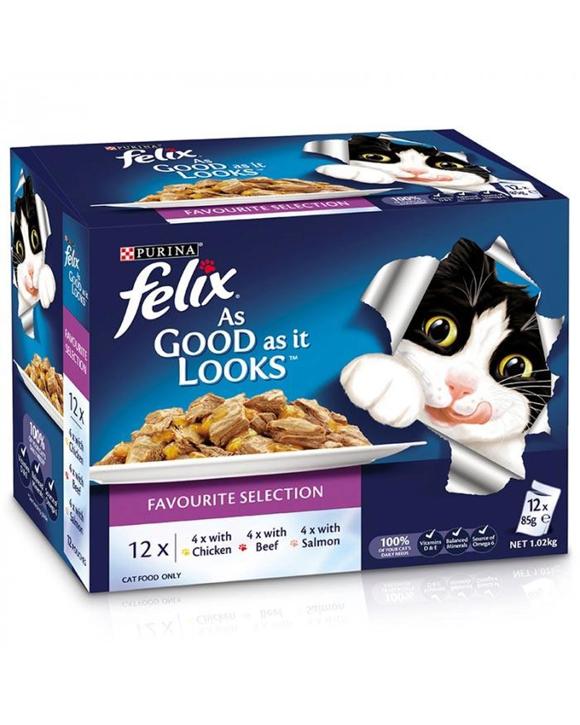 Felix Favourite Selection Cat Food Chicken Beef Salmon 85g x 12