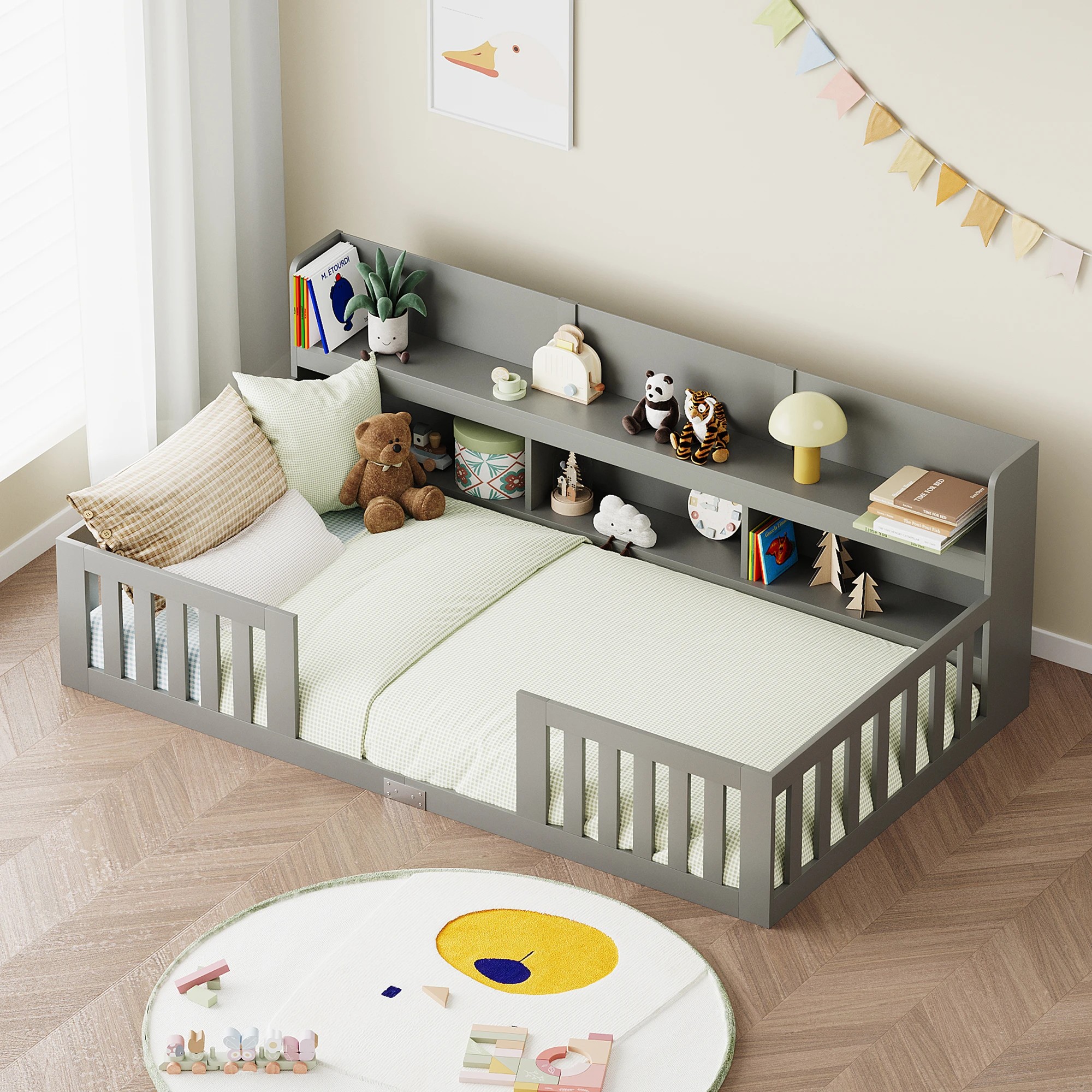 7 Advwin Kids Bed Frame with bookcase Wood Montessori Toddler Floor Bed with Safety Guardrail - Grey, 7 of 10