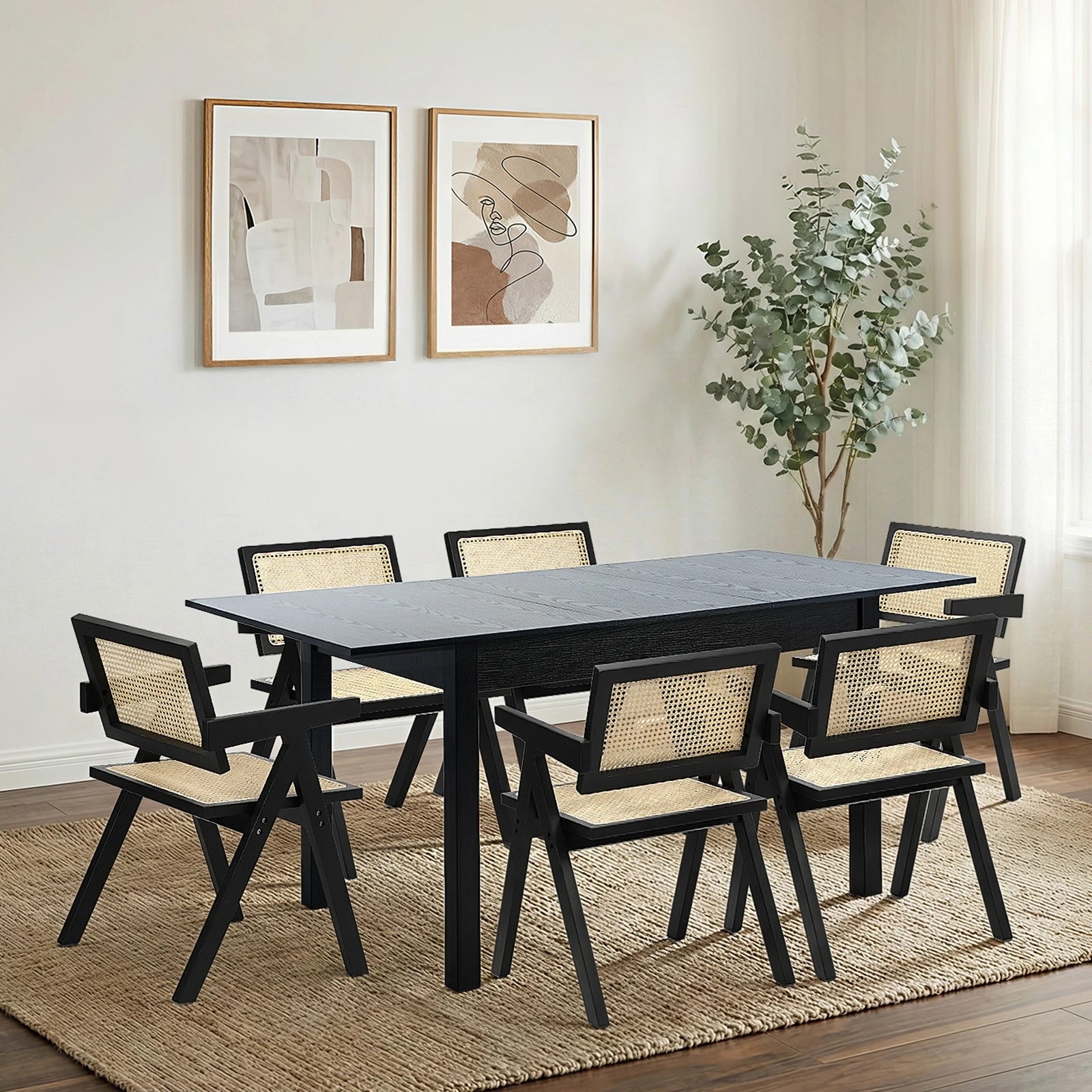3 Oikiture 7pc Extenable Dining Table and Chairs Wooden Dining Set Ratten - Black, 3 of 10