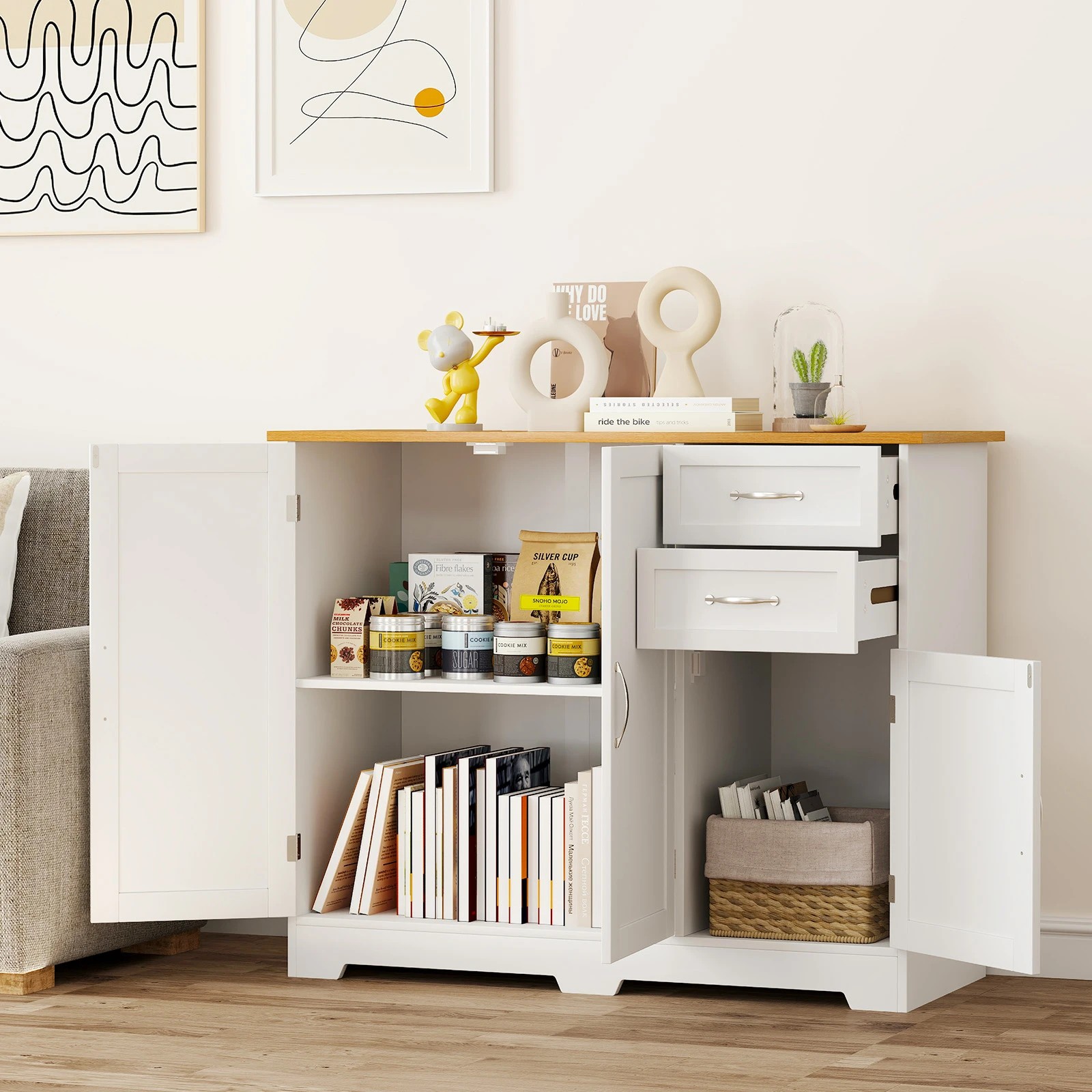 3 Costway Wood Buffet Sideboard Kitchen Cabinet Storage Cupboard Hallway - Natural, 3 of 4