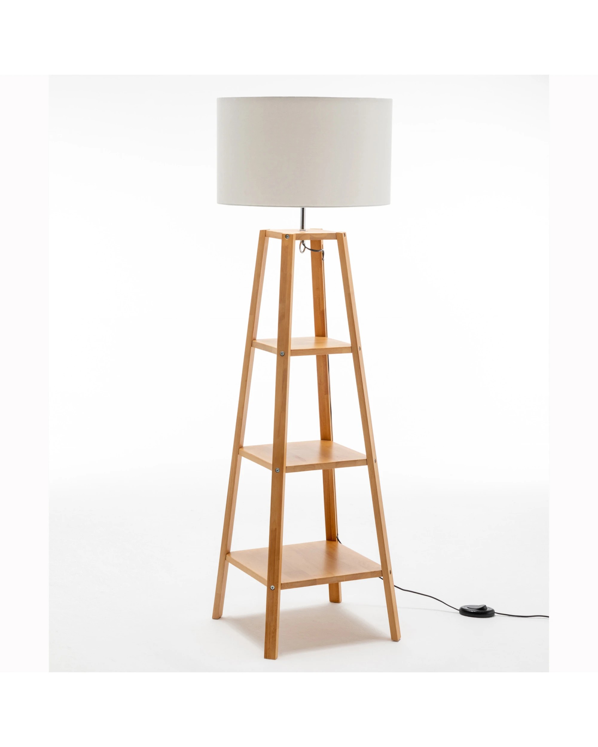 1 BR Home Natural Wood Floor Lamp with Storage Shelves and Off White Linen Shade, 1 of 6