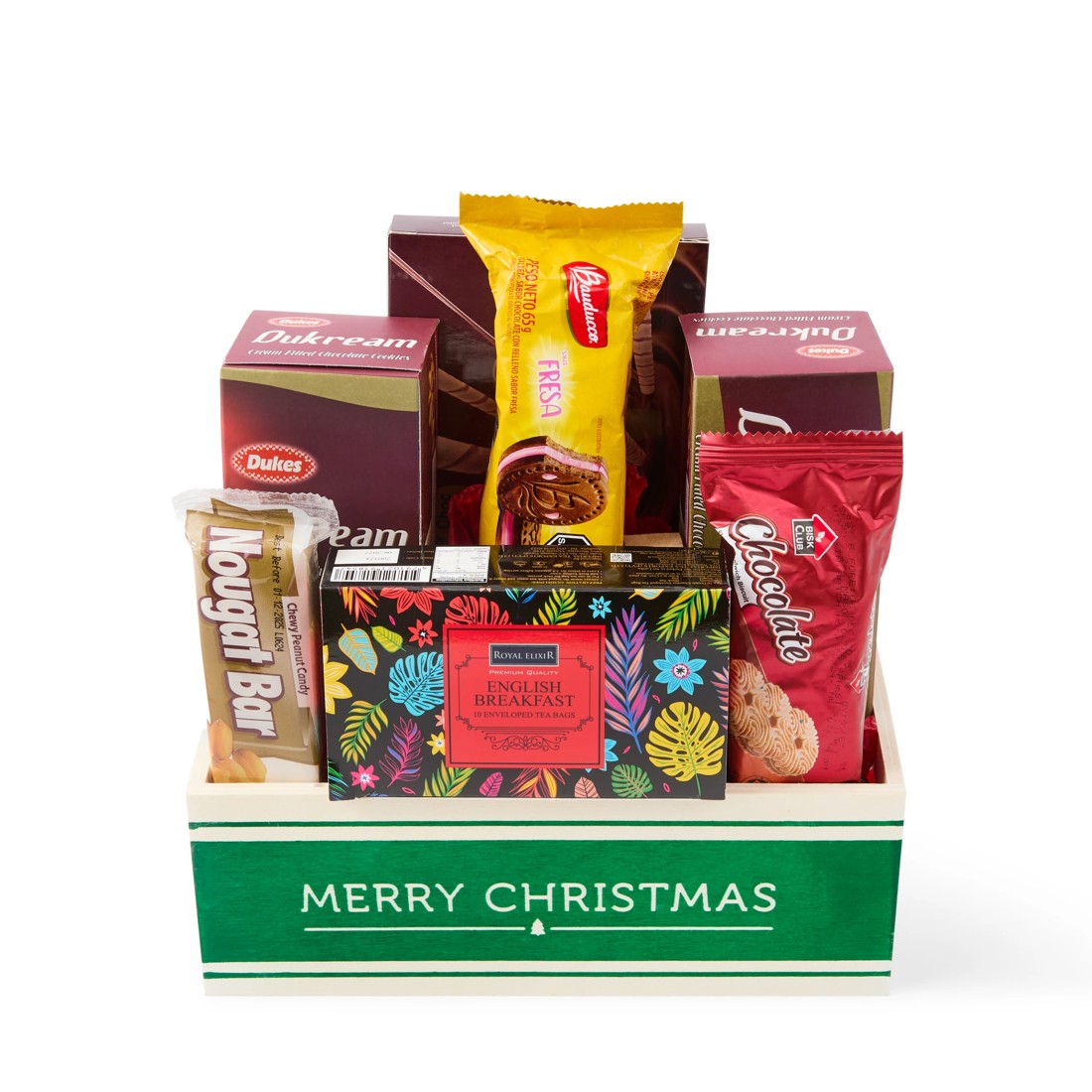 6 Christmas Motif Wooden Crate Hamper, 6 of 6