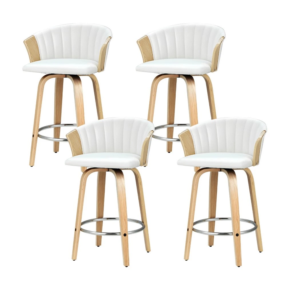 1 Artiss 4x Bar Stools Swivel Leather Chairs Wooden - White, 1 of 6