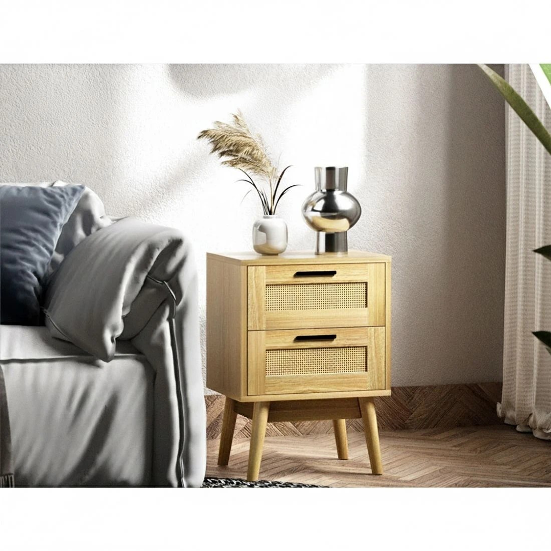 3 Artiss Rattan Bedside Table 2 Drawers Wood - RIE Oak - Natural, 3 of 6