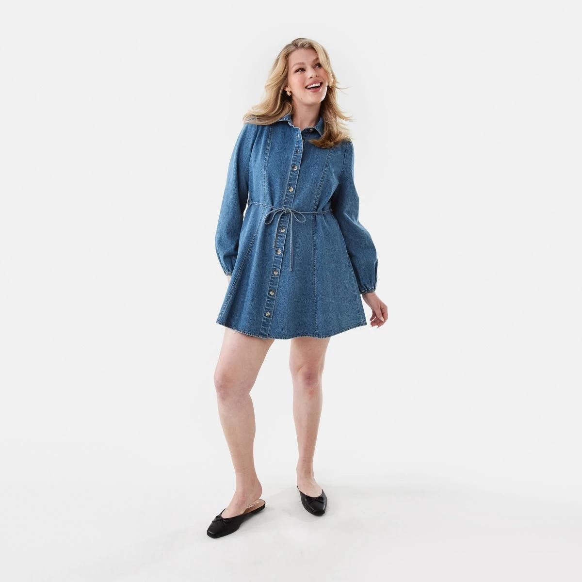 2 Long Sleeve Denim Swing Mini Dress Mid Wash, 2 of 8