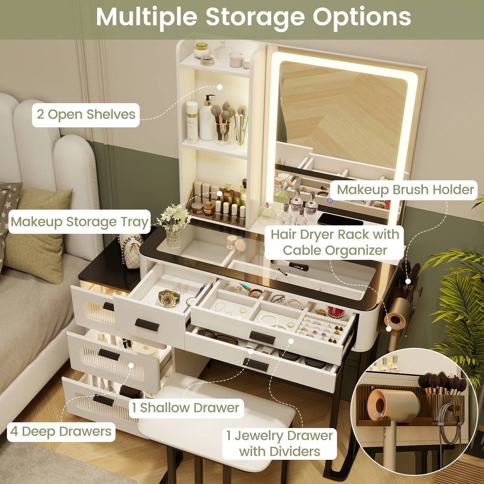 4 Costway Dressing Table Stool Set w/Vanity LEDs Mirror Power Outlets, 4 of 9