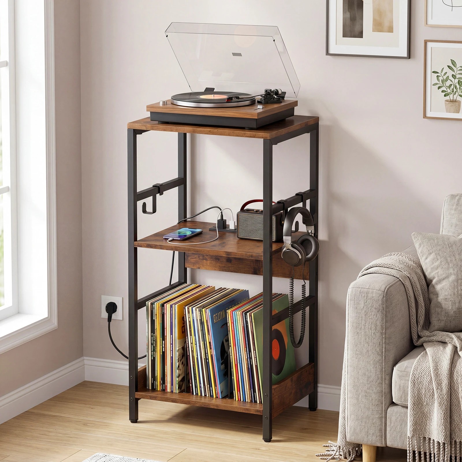 4 Costway 3-Tier Record Player Stand w/Charging Station Vinyl Storage Holder, 4 of 7