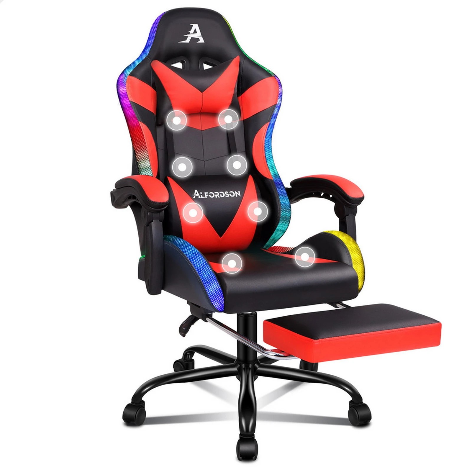 1 Alfordson Gaming Chair Office Massage 12 RGB LED Computer Seat PU Leather - Red, 1 of 10