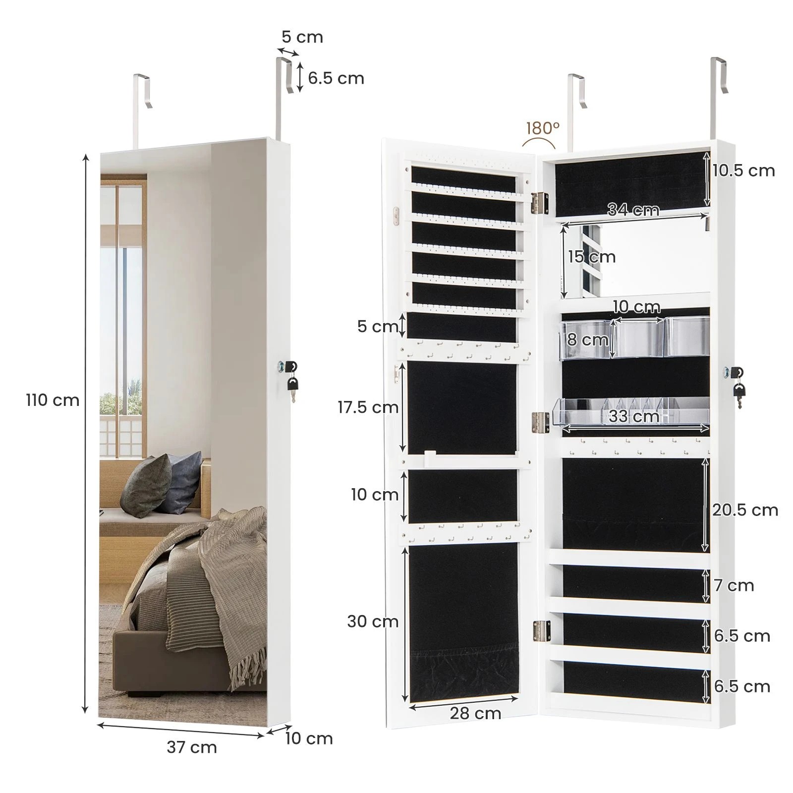 3 Costway 110cm Mirror Jewelry Cabinet Armoire Wall/Door Mounted Jewelry Box Organizer - White, 3 of 3