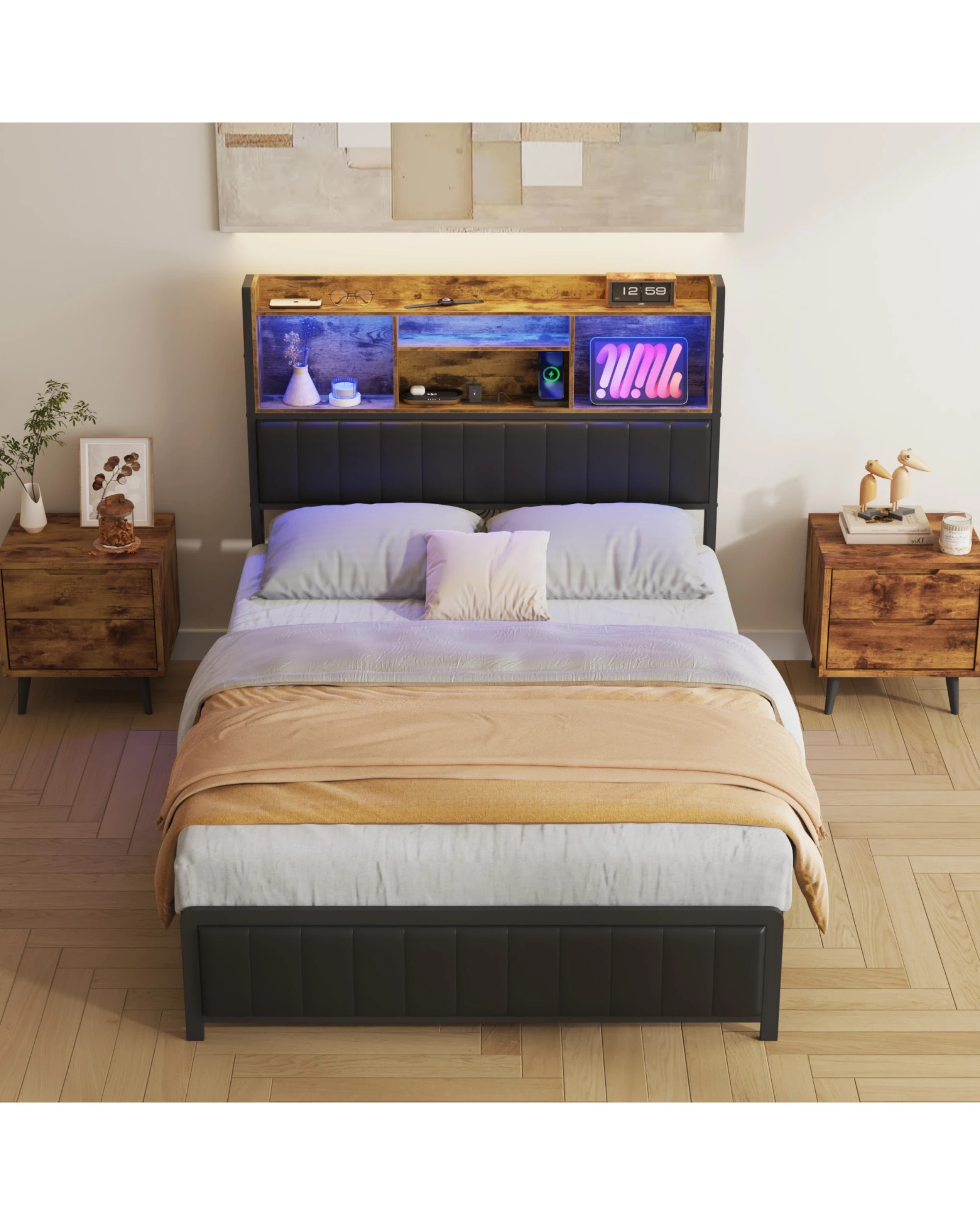 2 Advwin Queen Bed Frame With Charging Station & Led Storage Bookcase, 2 of 6