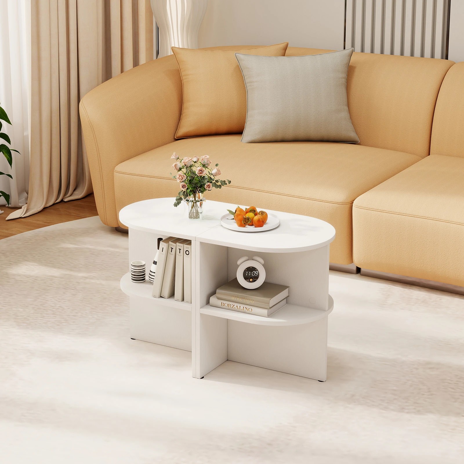 4 Costway Half Round Side Table 2-Tier Wooden Nightstand, 4 of 6
