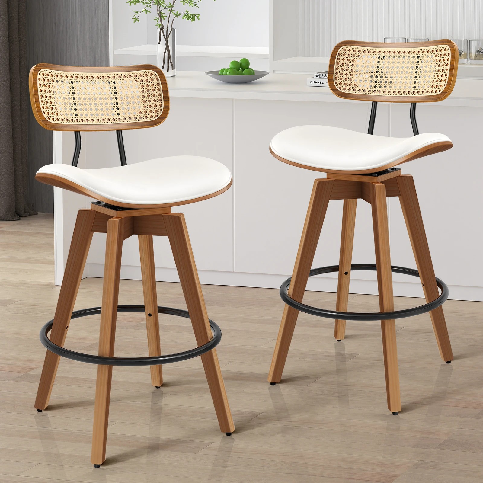2 Alfordson 2x Bar Stools Kitchen Vintage Leather Seat Rattan Chair - White, 2 of 9