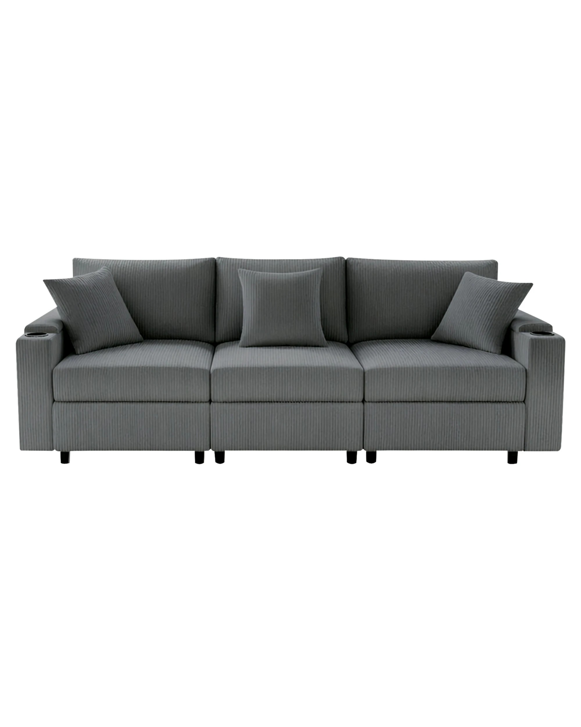 1 Advwin Sofa 256cm Corduroy Modular Couch with Storage Armrests and  Cup Holder - Grey, 1 of 10