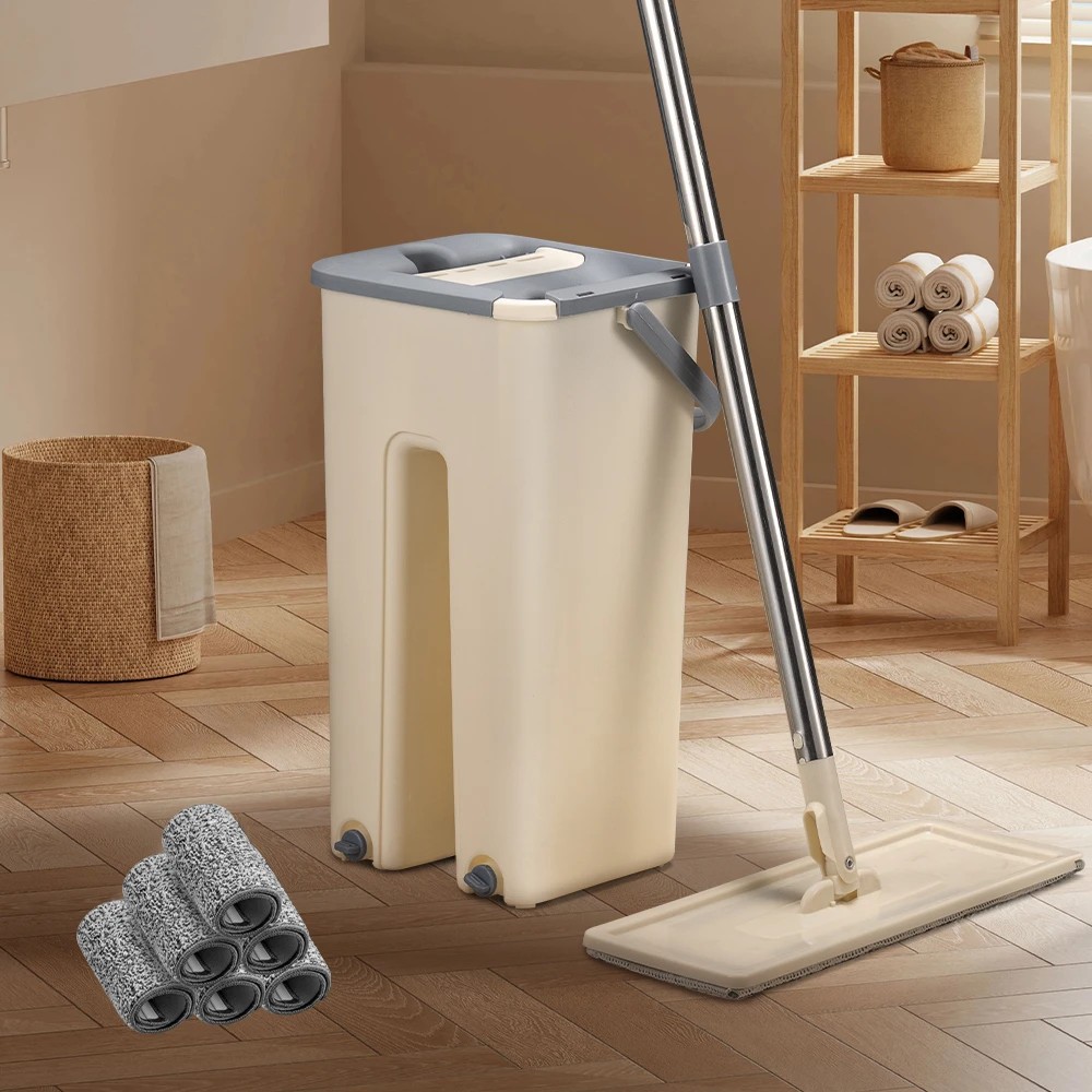 3 ZUNI Flat Mop and Bucket Floor Mop Cleaner Set Wet Dry w/ 6 Heads - White, 3 of 3