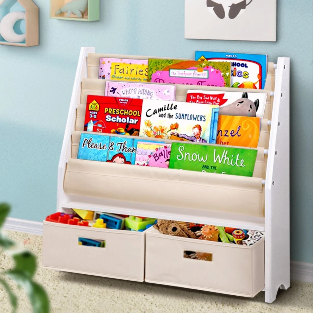 3 Keezi 4 Tiers Kids Bookshelf Magazine Rack Children Bookcase Organiser Drawer Kids Bookshelf Organizer - White, 3 of 10
