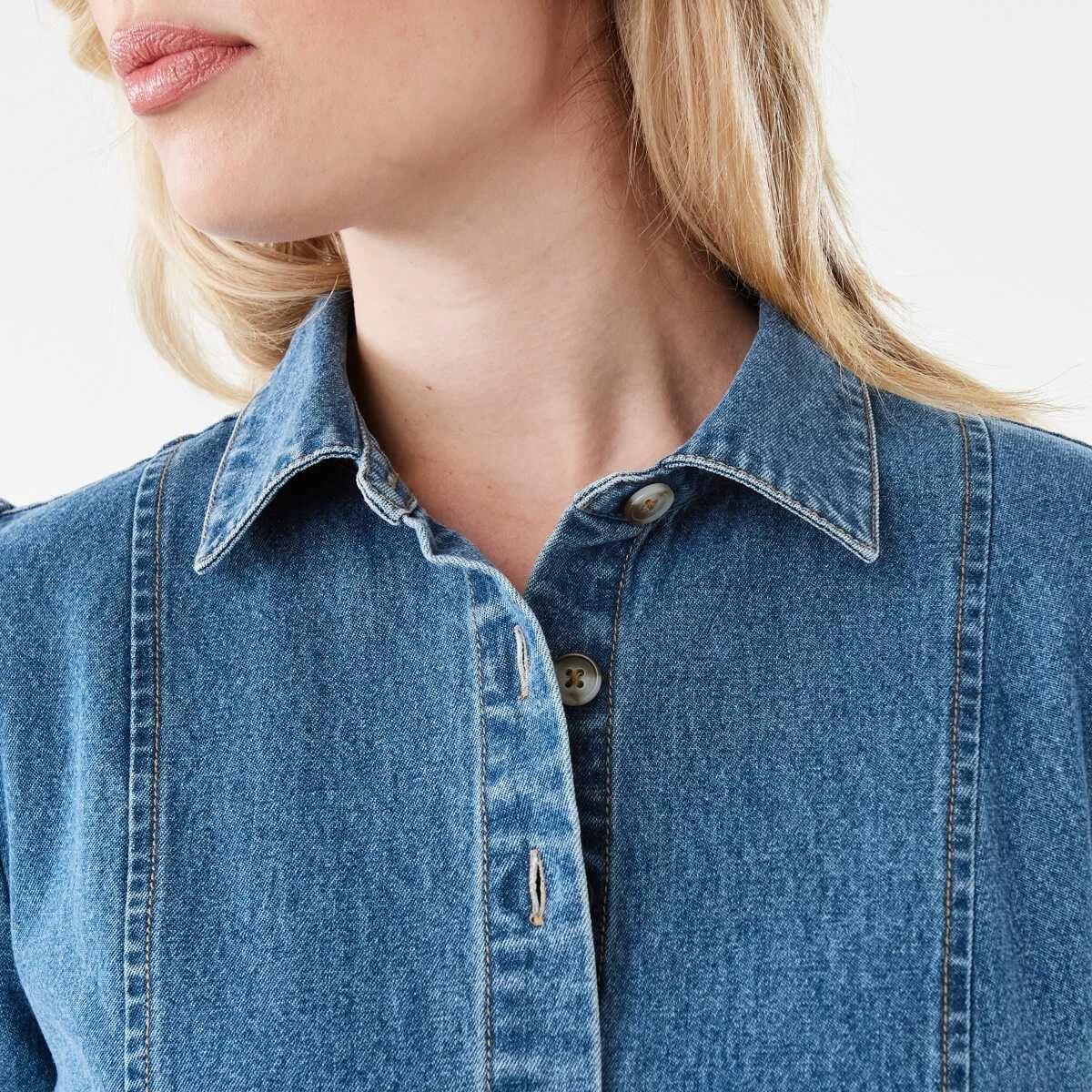 6 Long Sleeve Denim Swing Mini Dress Mid Wash, 6 of 8