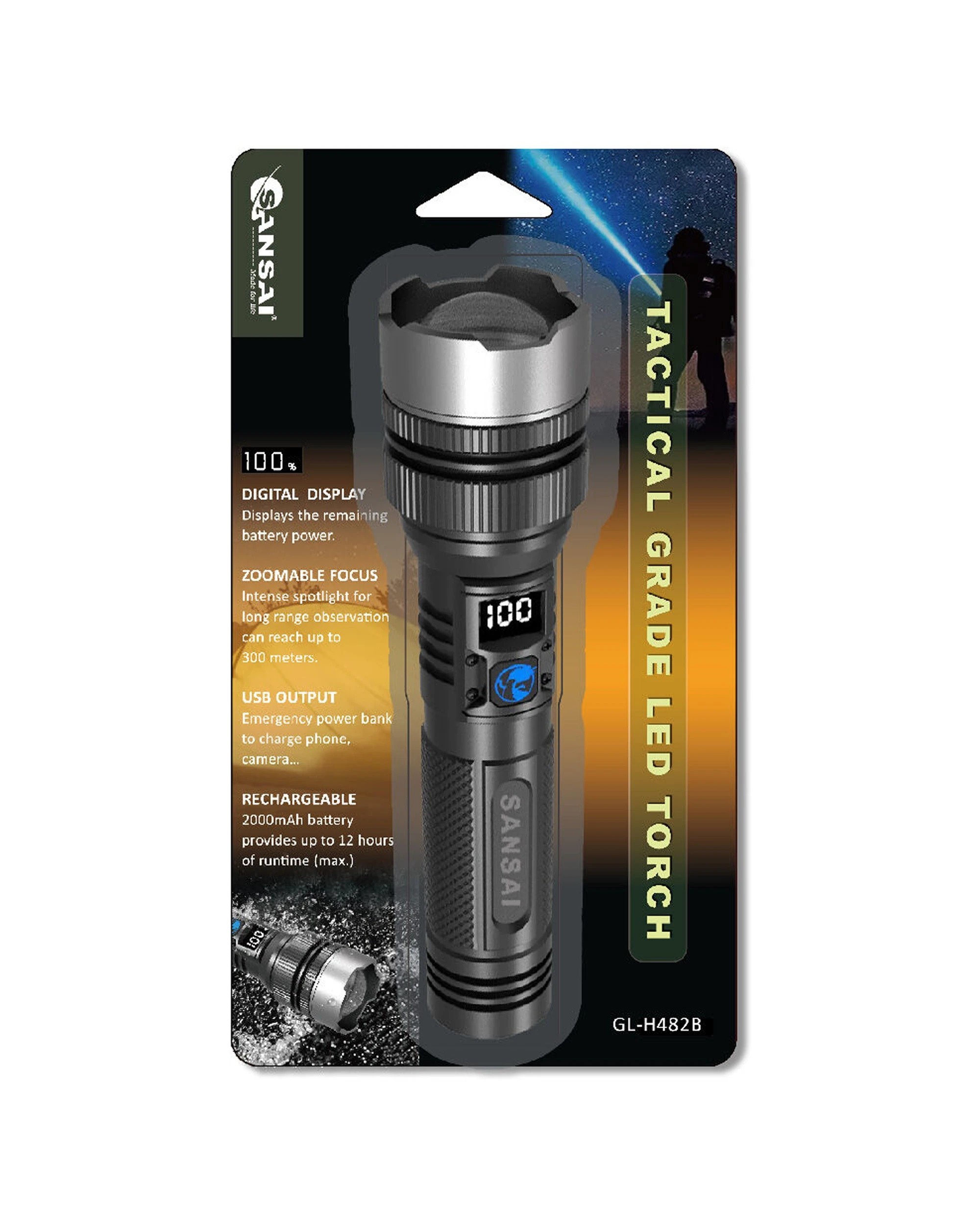 5 Sansai Tactical Grade Rechargeable 10W LED Torch Up to 300 Meters - Black, 5 of 5