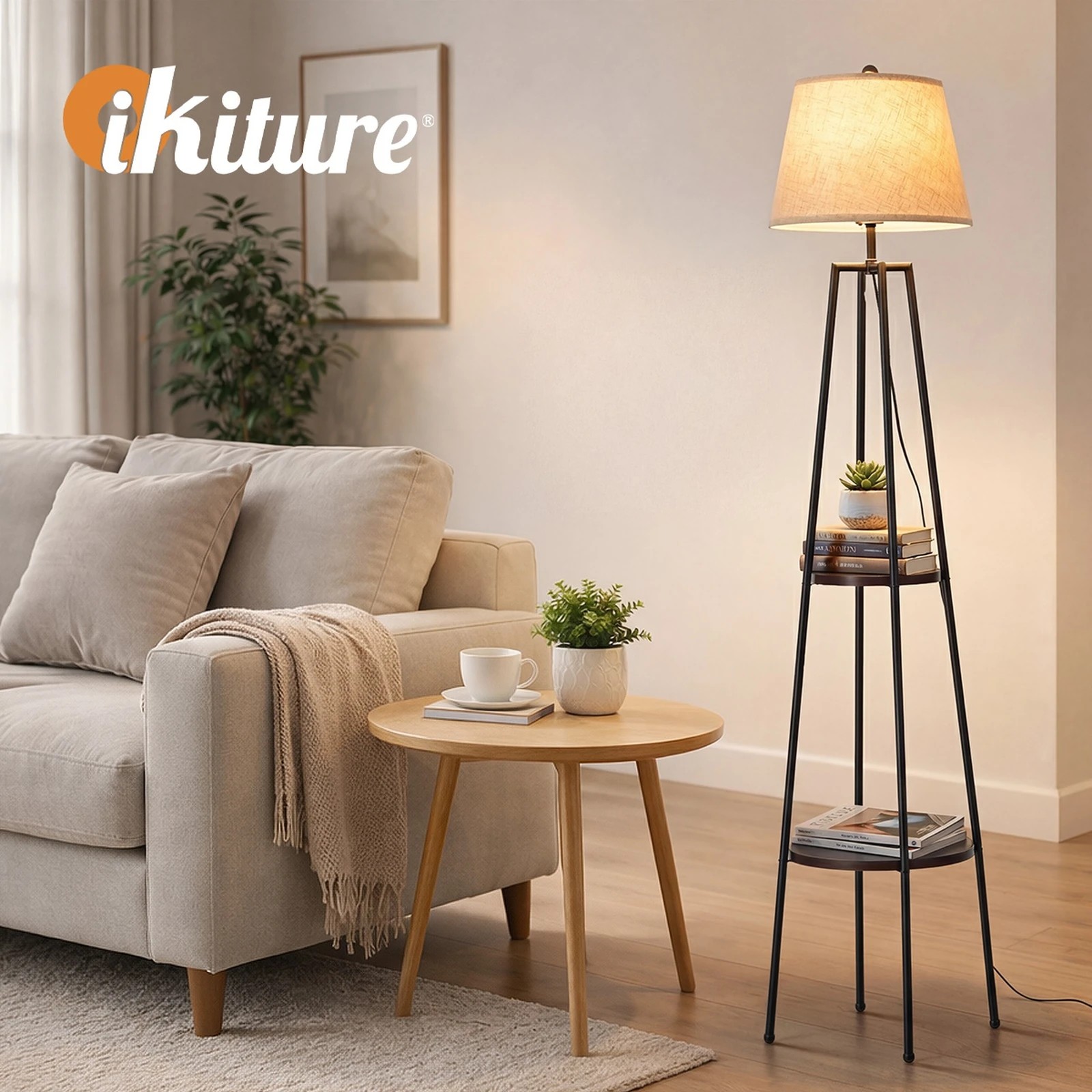 5 Oikiture Floor Lamps Fabric Shade Standing Lamp with Display Shelf - Black, 5 of 8