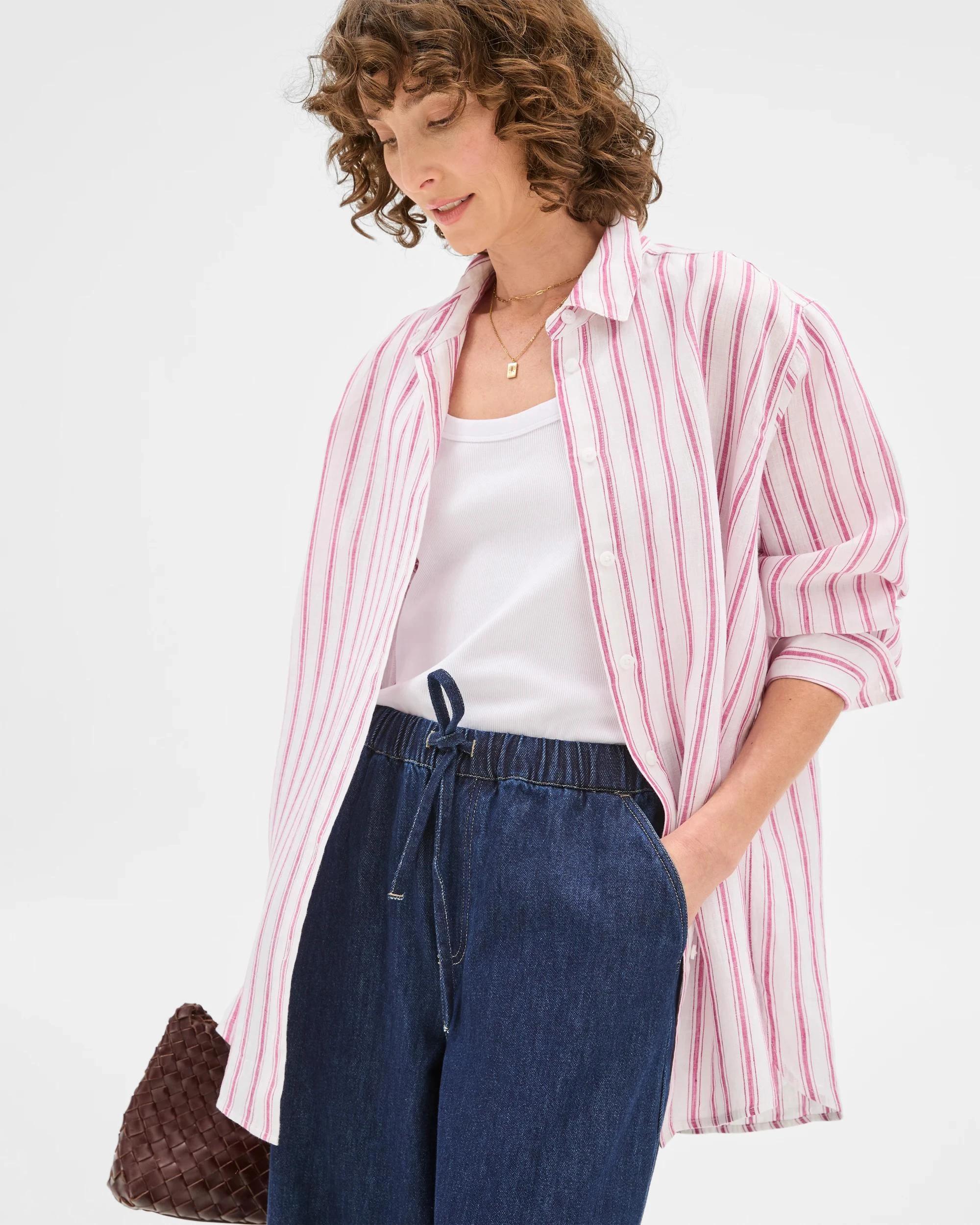 3 Target Woman European Linen Long Sleeve Shirt MAGENTA STRIPE, 3 of 6