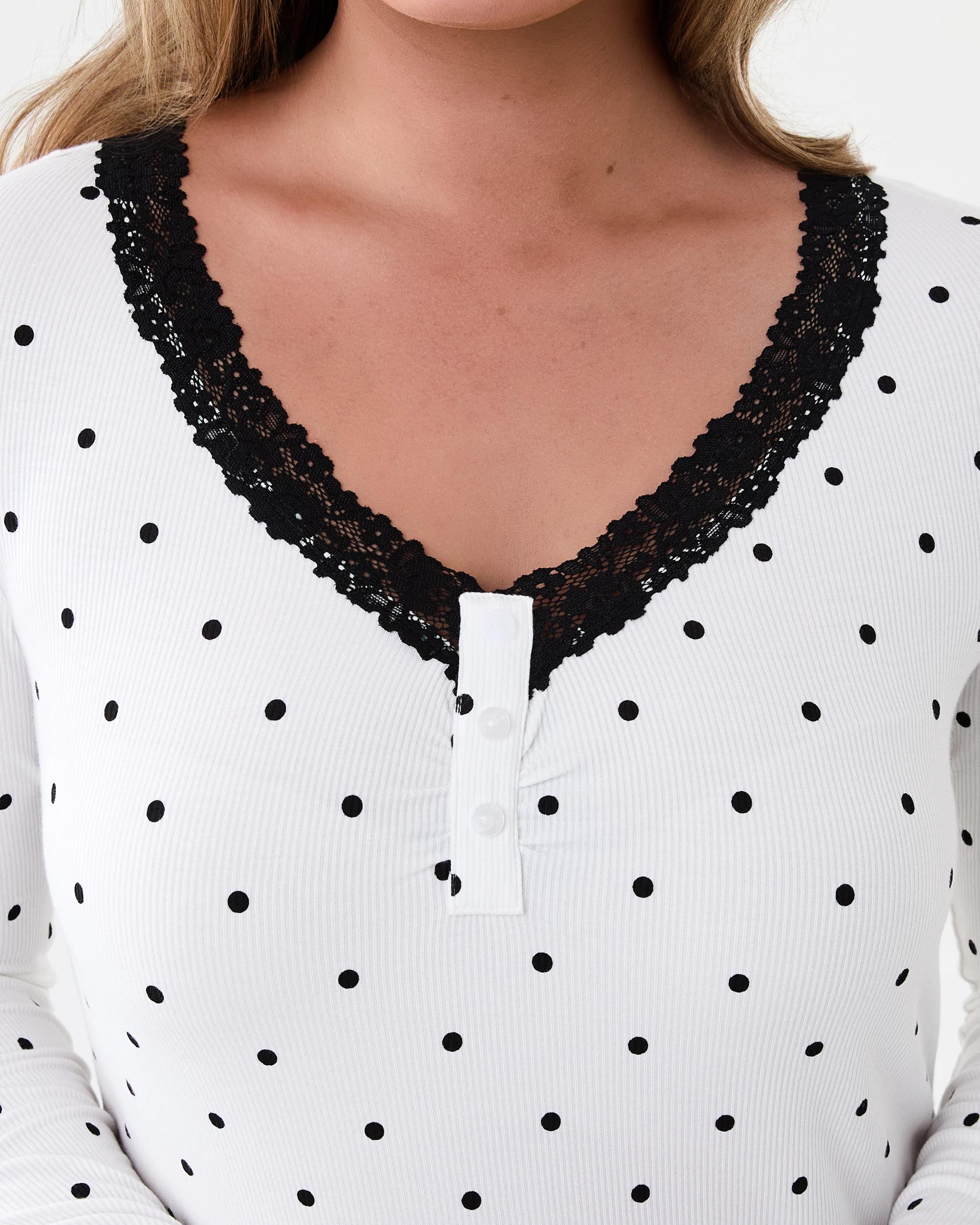 5 Long Sleeve Lace Trim Nightie Dots White, 5 of 7