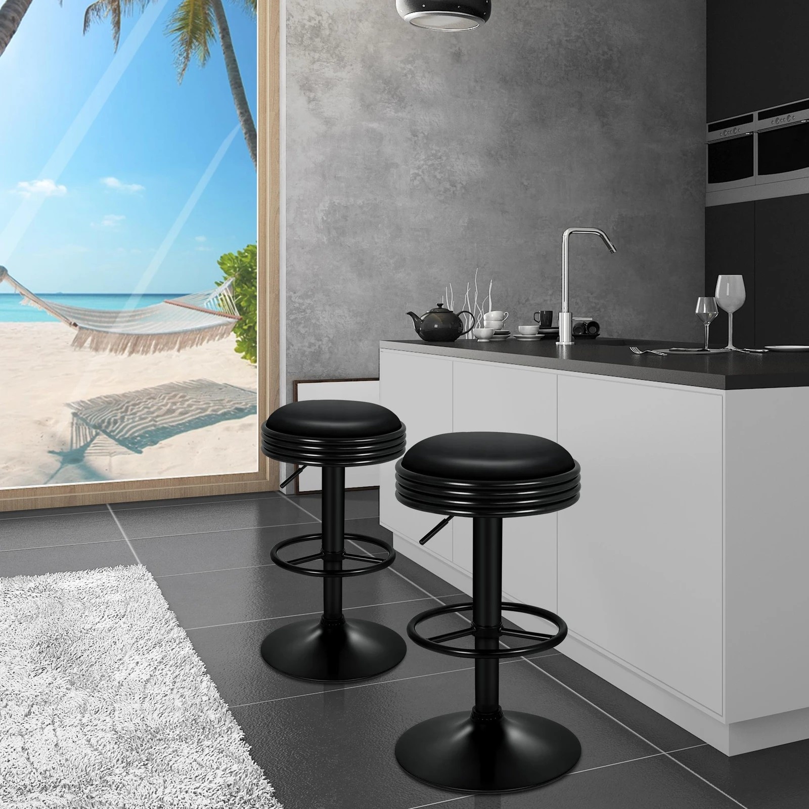 2 Alfordson 2x Bar Stools Sade Kitchen Swivel Chair Leather Gas Lift - All Black, 2 of 10
