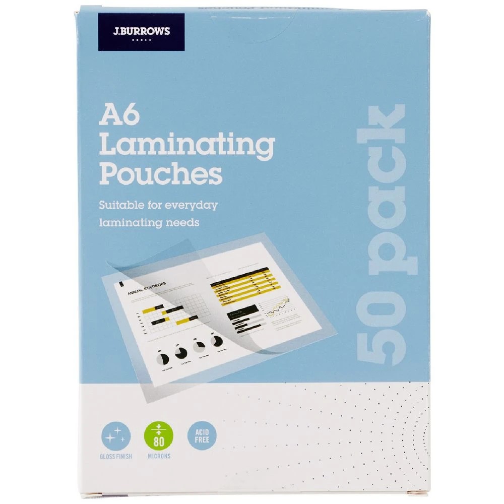 1 J.Burrows A6 Laminating Pouches 80 Micron 50 Pack Gloss, 1 of 2