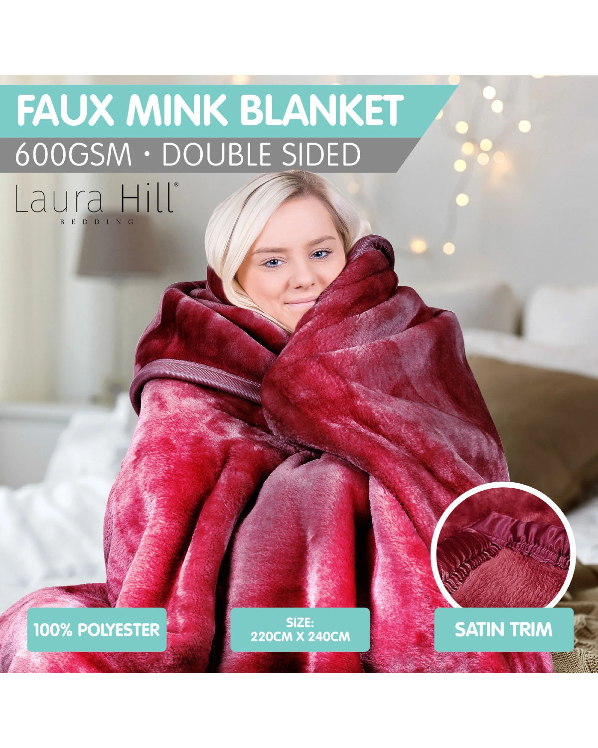 4 Laura Hill 600-gsm Mink Blanket Double-sided Soft Plush Bed Faux Throw Rug Wine Red
 - Queen Bed, 4 of 8
